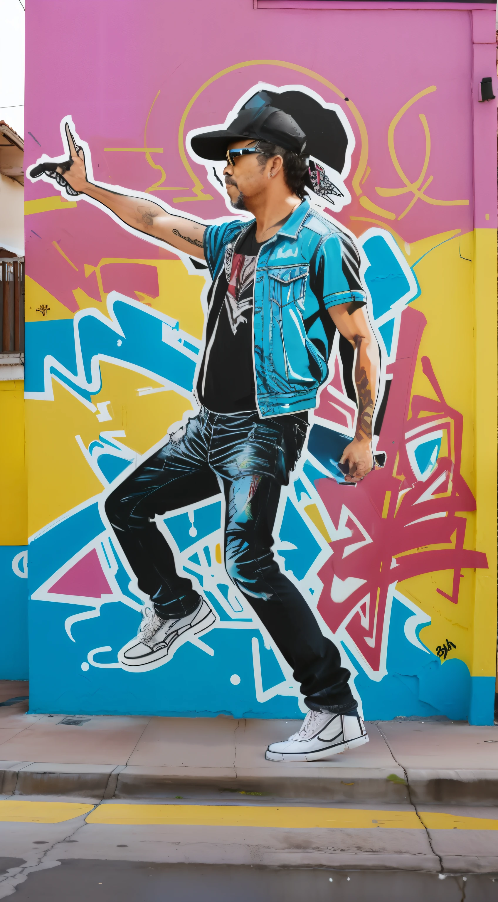 guttonerdvision10, Graffiti on the side of a tall building of a man wearing 80's style clothes and cap. He's painted doing a street dance pose. strokes. Pintura volorida, detalhada. Graffiti By Mr. Brainwash. Visao aerea da cena, realista, 8k