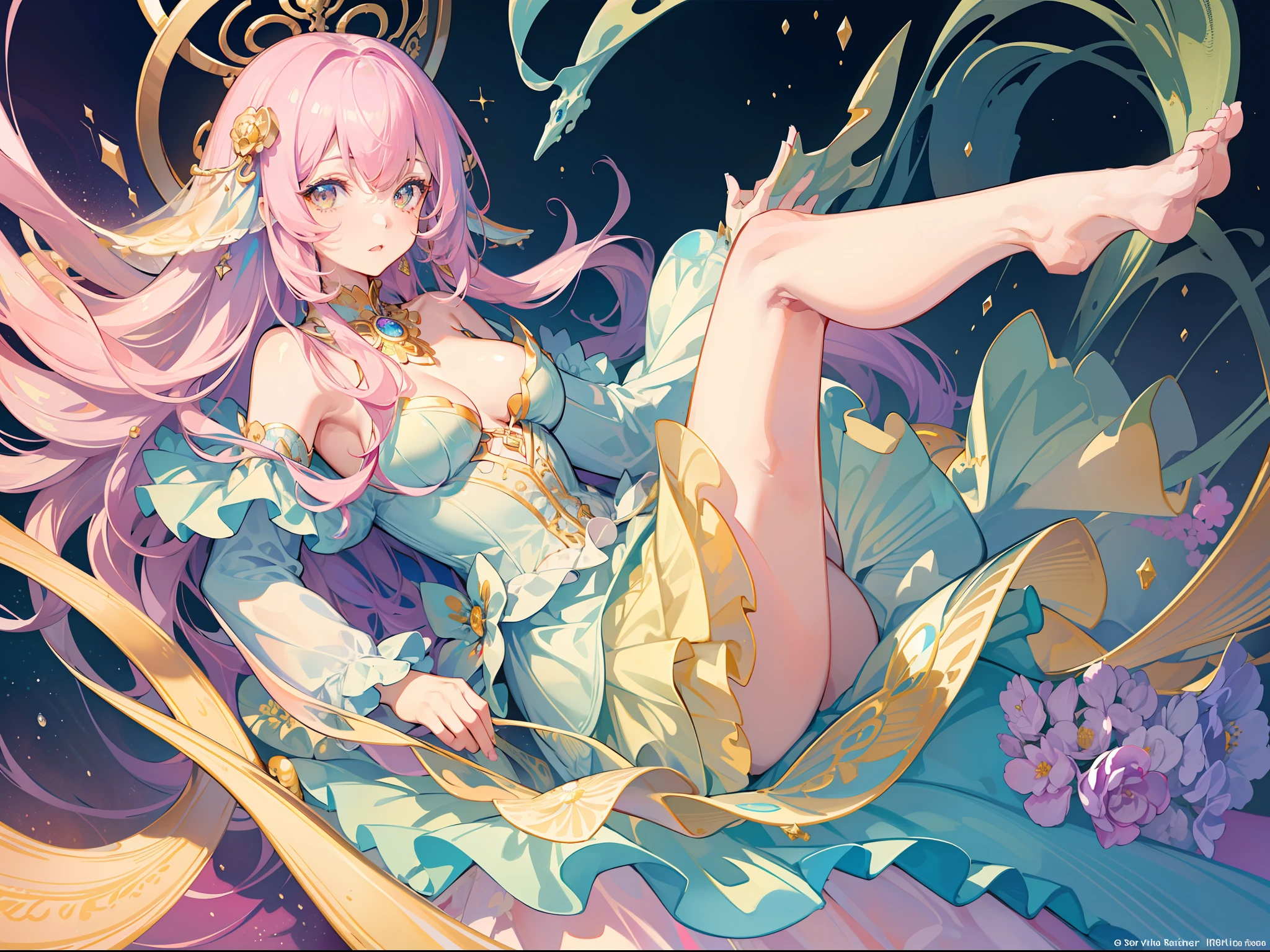 masterpiece, best quality, 8k resolution, sharp focus, intricate detail, beautiful girl, sparkling eyes, golden ratio face, otherworldly liquid, watercolor, pastel colors, bright colors, whimsical, colorful, sharp focus, high resolution, fine detail, ((layered tiered puffy long sleeves ballgown)), ((round eyes)), iridescent bubbles, fantasia background