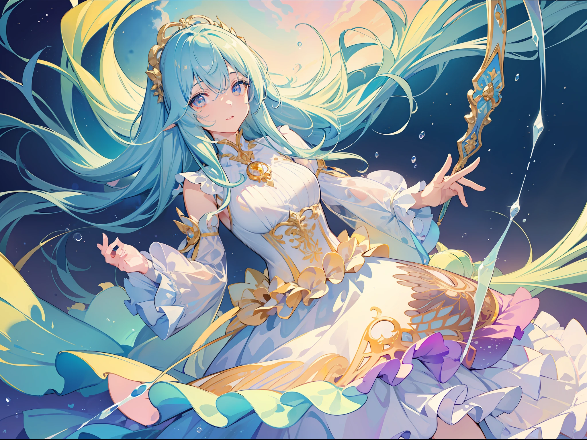 masterpiece, best quality, 8k resolution, sharp focus, intricate detail, beautiful girl, sparkling eyes, golden ratio face, otherworldly liquid, watercolor, pastel colors, bright colors, whimsical, colorful, sharp focus, high resolution, fine detail, ((layered tiered puffy long sleeves ballgown)), ((round eyes)), iridescent bubbles, fantasia background