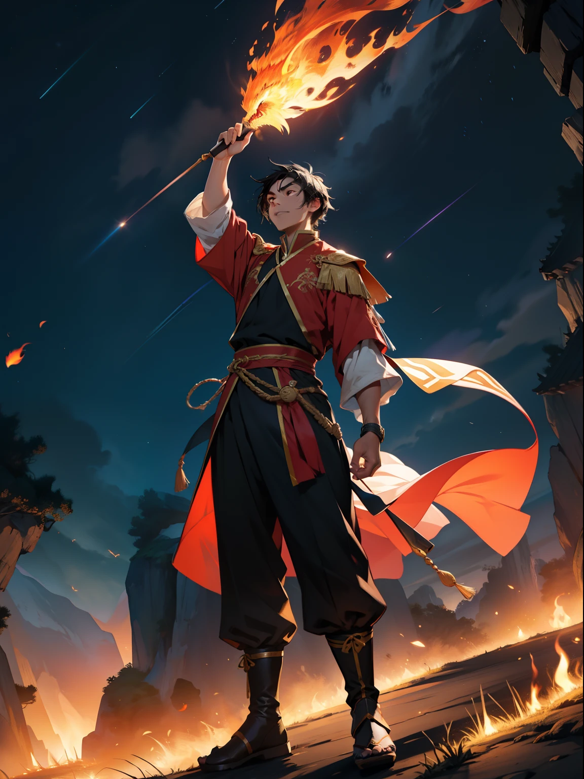of a guy,Douluo Continent costume,standing on your feet,nigth,Black hair,fire glow,Flying,
