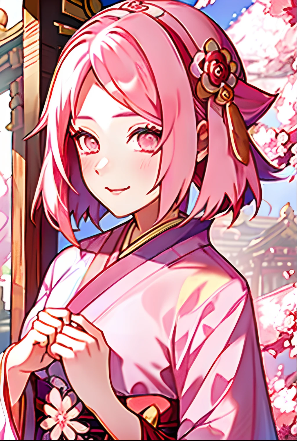 haruno sakura, naruto \(series\),A  girl, cherry blossoms, green colored eyes, smirk, hairsh, head band, hairlong, looking a viewer, rose hair,  little chest, ssmile, 独奏, (((portraite of a))), ((tmasterpiece)), (((pink kimono))), ((In the temple))