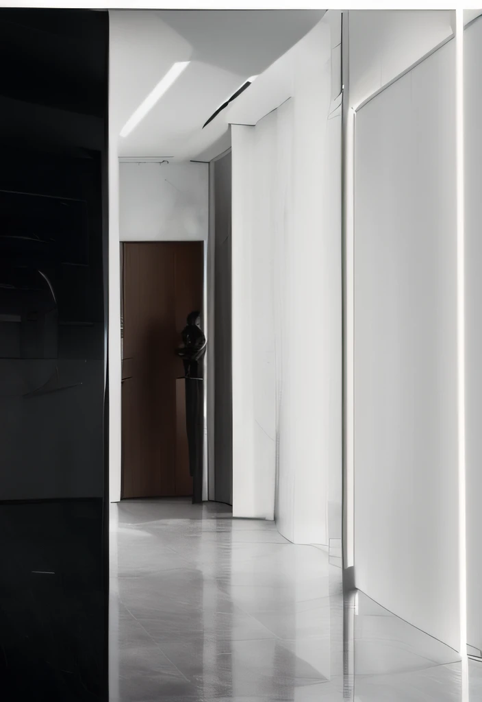 There was an open door in the room, oled lights in corners, Modern details, contrast side light, Vivid attention to detail, crisp lighting and edges, low details and clean lines, tall door, Doors leading to various bedrooms, crisp smooth clean lines, sparse detail, tall entry, simple clean lines, hyper-high detail, hyper-high detail