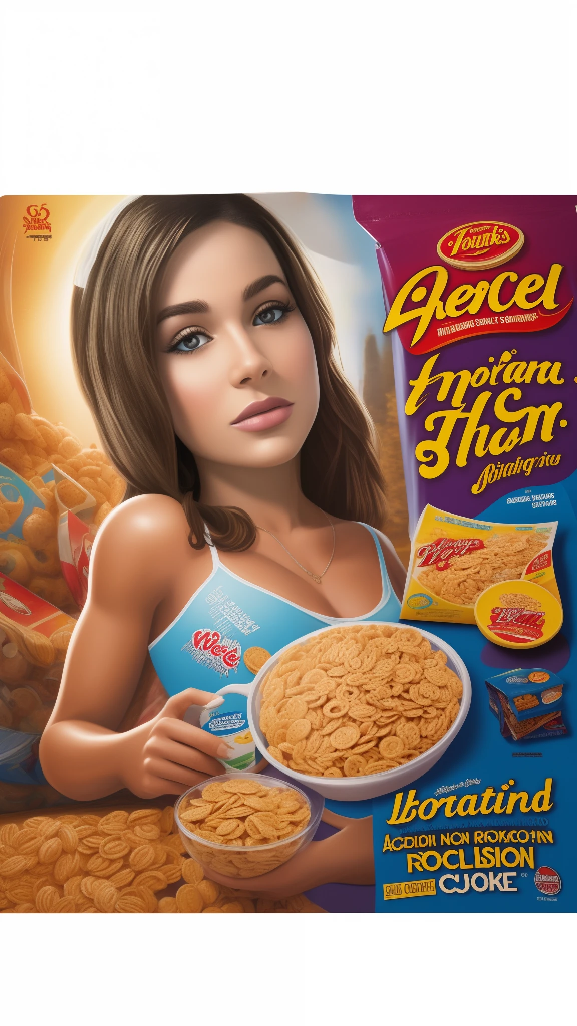 Cereal box appears in the foreground and in the image the face of a beautiful woman with a hyper-realistic style