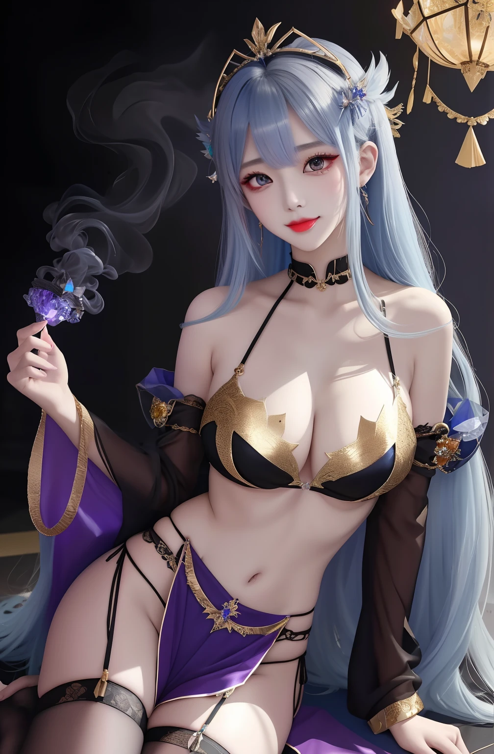 ​masterpiece、top-quality、Blue-violet hair、Blue lightning、life-like、realistic detail、High Details。blue clothing。Blue Thunder。Blue crystal。Black suspended particles。Black smoke。Black crystals around。Black smoke wafting around。Warping the body。Warping the body。banya。The Darkness。Ochi Yami Yugi。laught。Longhaire。
1girl in, Beautie, , Fine skin, anicos_No 1,, a navel, Detached sleeves, bare shoulders​, Central opening, cleavage of the breast,, middlebreasts, Long feather hair clip, Blue hair ornament, thigh highs,Look at viewers,in isekai, Ochi Yami Yugi。seductiv。Brainkill。tattooed。demon tail。Gold pattern at chest...。Bright tattoos。Bright tattoos。demonic wings。Black and gold tiara。tiarra。Intricate and luxurious tiaras。smil。Luminous blade。put out the tongue。Open mouth。perspiring。Bra without strings。a miniskirt。Exposed high。Almost naked。Clear eyes。No eye shadow。