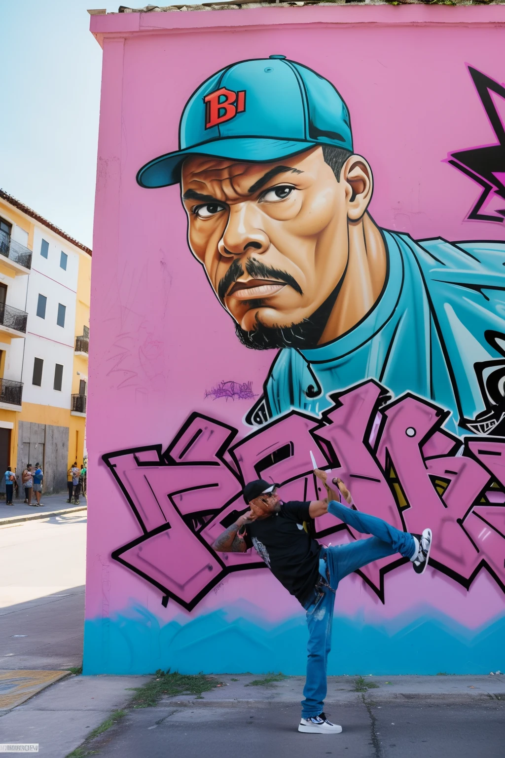 guttonerdvision10, Graffiti on the side of a tall building of a man wearing 80's style clothes and cap. He painted doing a street dance pose. strokes. Tinta Volorida, detalhada. Grafite do Sr.. Lavagem cerebral. Visao aerea da cena, realista, 8k