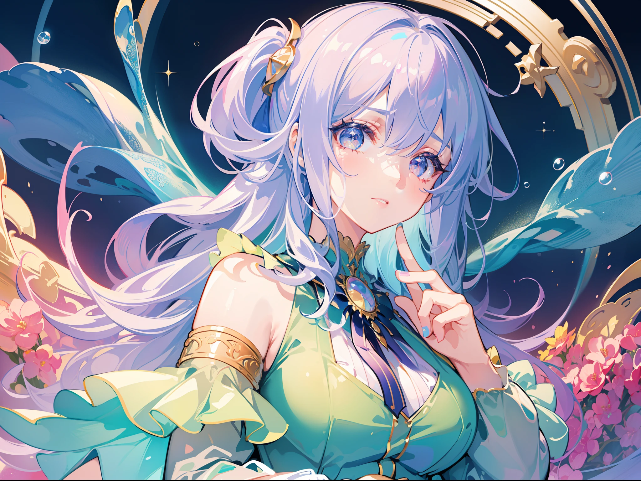 masterpiece, best quality, 8k resolution, sharp focus, intricate detail, beautiful girl, sparkling eyes, golden ratio face, otherworldly liquid, watercolor, pastel colors, bright colors, whimsical, colorful, sharp focus, high resolution, fine detail, ((layered tiered puffy long sleeves ballgown)), ((round eyes)), iridescent bubbles, fantasia background