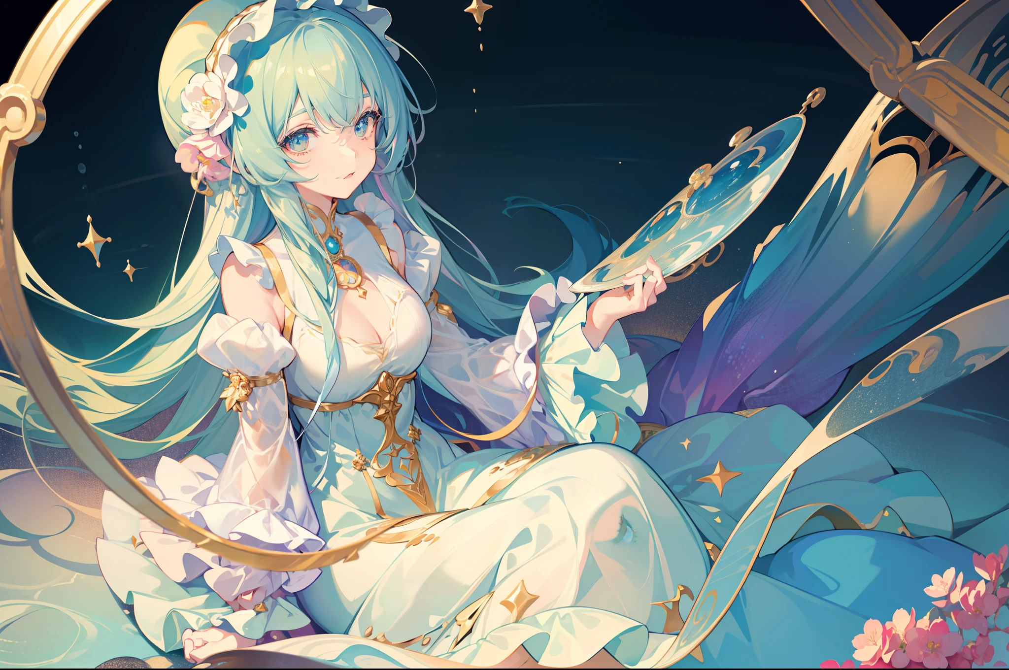 masterpiece, best quality, 8k resolution, sharp focus, intricate detail, beautiful girl, sparkling eyes, golden ratio face, otherworldly liquid, watercolor, pastel colors, bright colors, whimsical, colorful, sharp focus, high resolution, fine detail, ((layered tiered puffy long sleeves ballgown)), ((round eyes)), iridescent bubbles, fantasia background