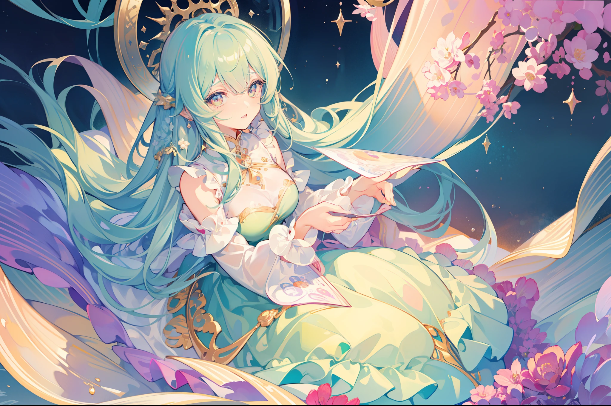 masterpiece, best quality, 8k resolution, sharp focus, intricate detail, beautiful girl, sparkling eyes, golden ratio face, otherworldly liquid, watercolor, pastel colors, bright colors, whimsical, colorful, sharp focus, high resolution, fine detail, ((layered tiered puffy long sleeves ballgown)), ((round eyes)), iridescent bubbles, fantasia background