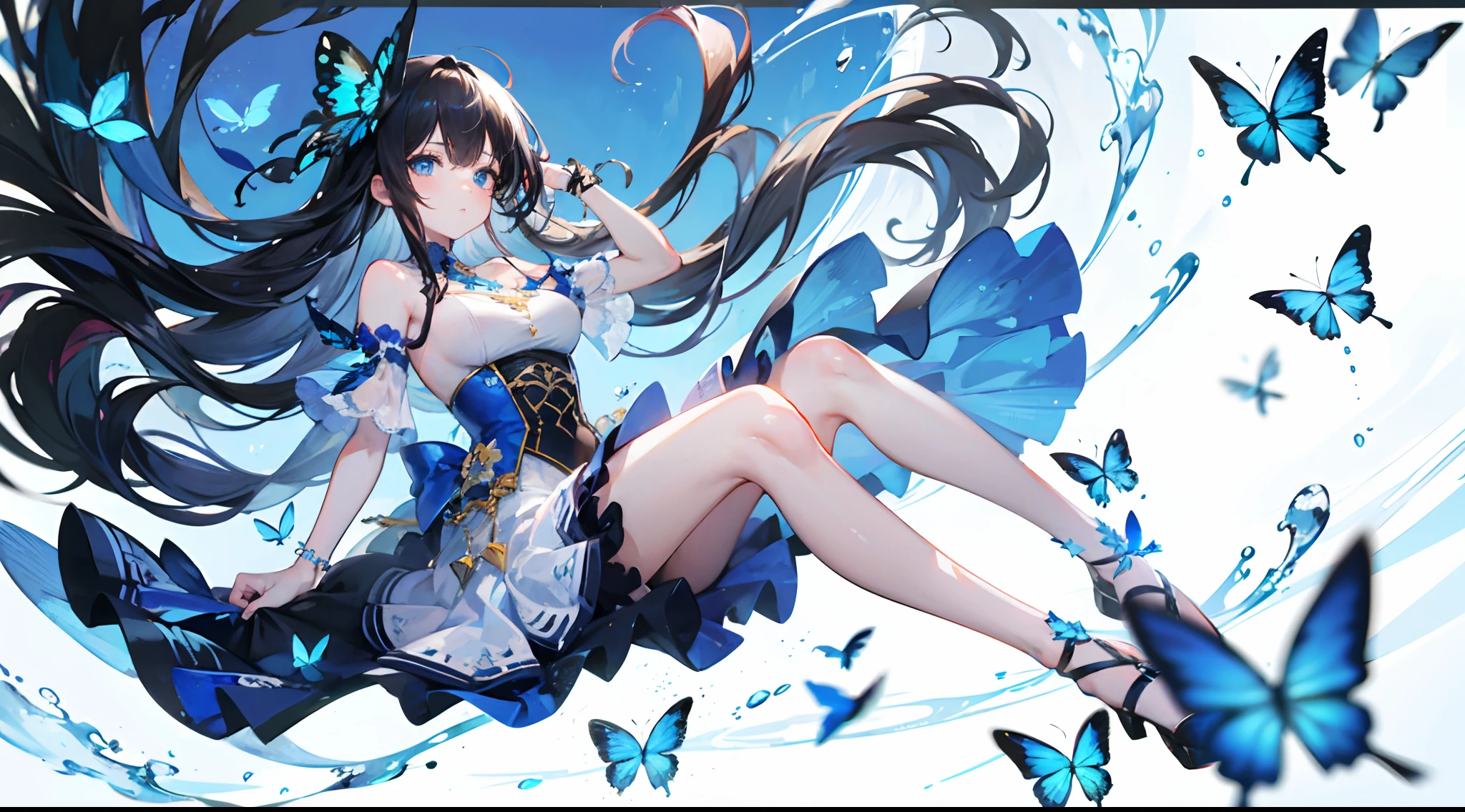 High detailed, best quality, masterpiece, highres, 16k, uhd, 1maturegirl, long hair, floating hair, black hair, beautiful detailed eyes, blue eyes, dynamic angle, anatomically correct, blue butterfly flying in scenary, full body,