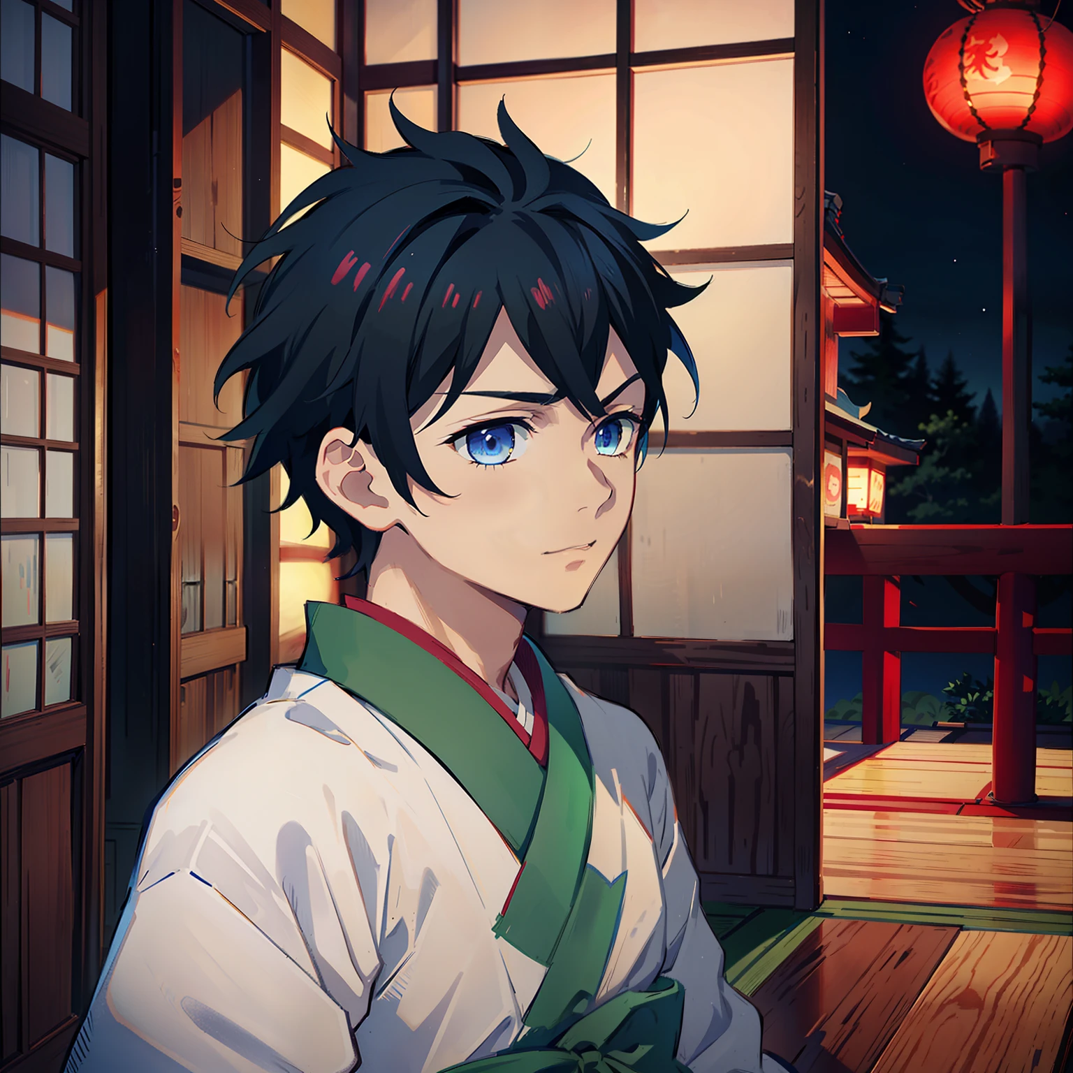 the anime, (Best Quality), ((1 adult boy)), Akaza (Hakuji) AB: kimetsu no yaiba, stands near the altar in a Japanese temple, (Night landscape in a Japanese temple), ((Ultra-short black hair)), ((Impassive blue eyes)), japanese clothes, white kimono, a waist belt, looks at the viewer, The Art of the Demon Slayer, demon slayer artstyle, kimetsu no yaiba