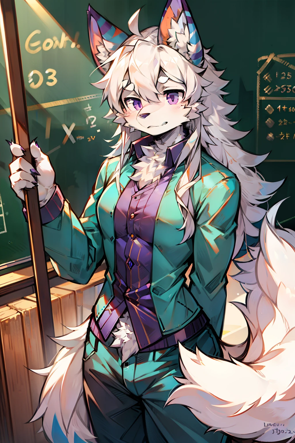 solo person,shaggy male,hairy bodies,shoun,coyote,canid,Gray fur,long white hair,The ends of the hair are purple,Purple eye,Bullied,adolable,Handsome,large tail,full bodyesbian,school ground,at class room,It's a math teacher,Write blackboard words,White color blouse,tiese,Blue striped long sleeves,Blue striped pants