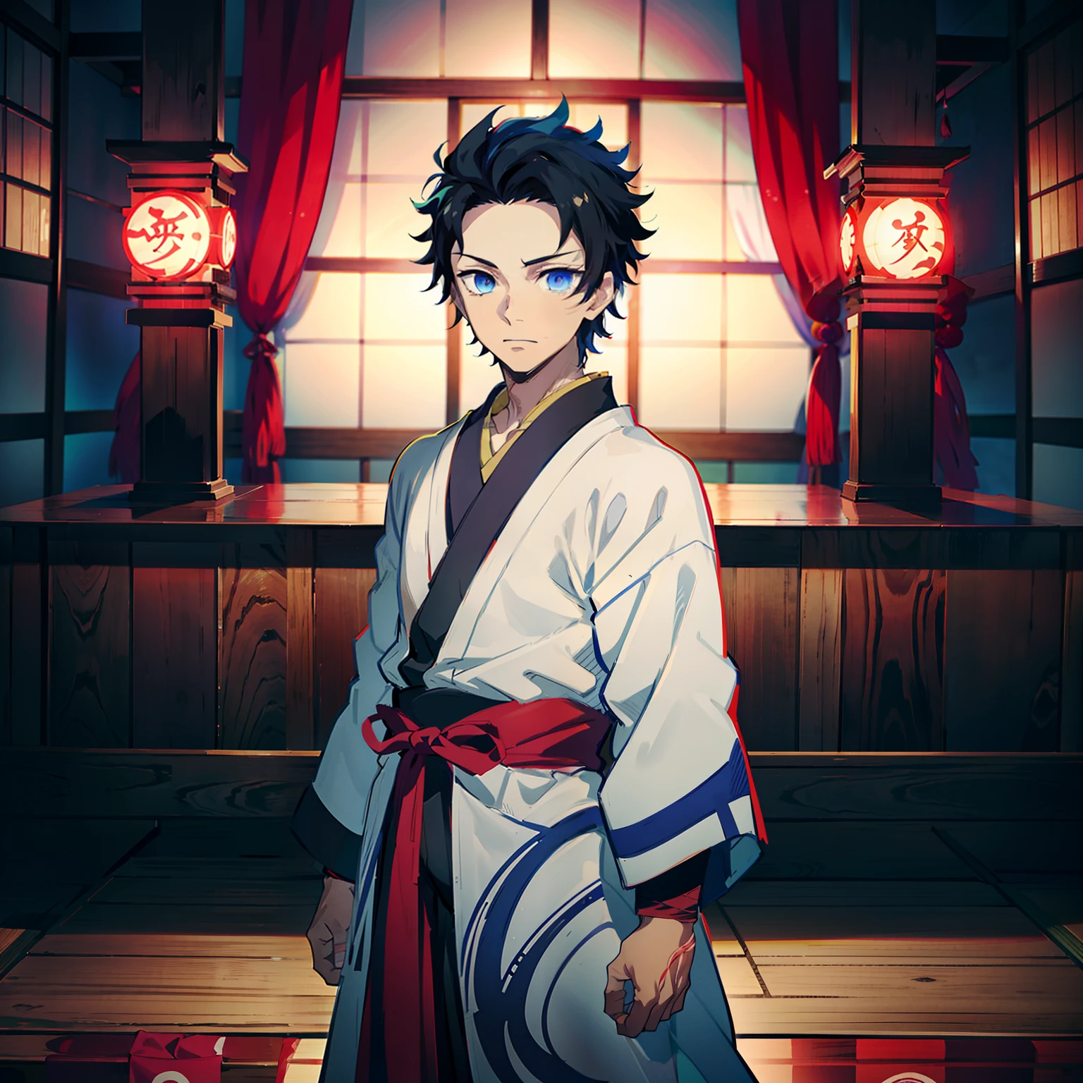 the anime, (Best Quality), ((1 adult boy)), Akaza (Hakuji) AB: kimetsu no yaiba, stands near the altar in a Japanese temple, (Night landscape in a Japanese temple), ((Ultra-short black hair)), ((Impassive blue eyes)), japanese clothes, white kimono, a waist belt, looks at the viewer, The Art of the Demon Slayer, demon slayer artstyle, kimetsu no yaiba