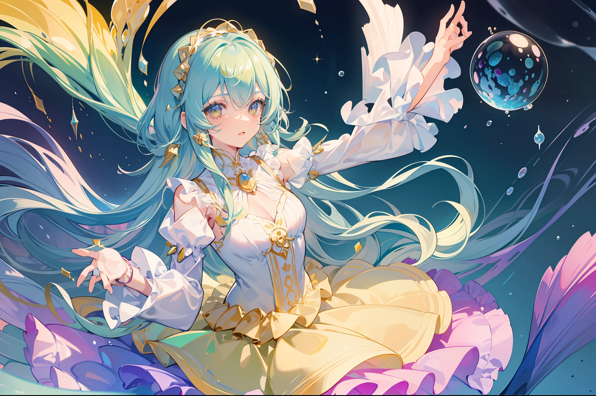 masterpiece, best quality, 8k resolution, sharp focus, intricate detail, beautiful girl, sparkling eyes, golden ratio face, otherworldly liquid, watercolor, pastel colors, bright colors, whimsical, colorful, sharp focus, high resolution, fine detail, ((layered tiered puffy long sleeves ballgown)), ((round eyes)), iridescent bubbles, fantasia background