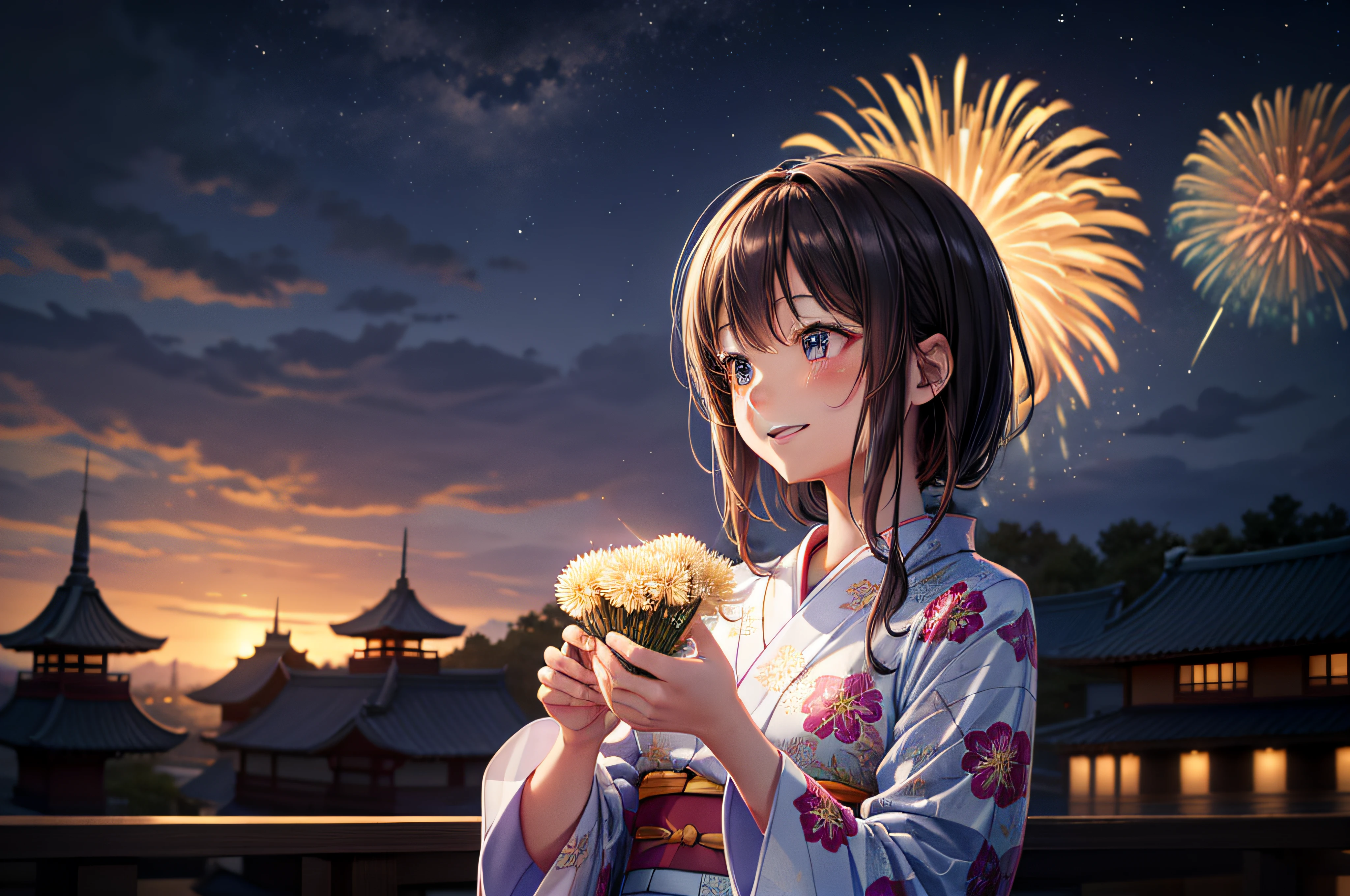 Lots of fireworks in the sky、​masterpiece、top-quality、超A high resolution、8K、skyrocket、femele、Only one person、profile、a smile、Beautie、outside of house、mouth closes、Person should be on the far right、Upper body only、Holding nothing in the hands、Floral yukata、kirakira、natta、starrysky、intricate detailes、Volume Lighting、真实感 、Ultra-Details、ighly detailed、(glowing lighting、Atmospheric lighting)、dream-like