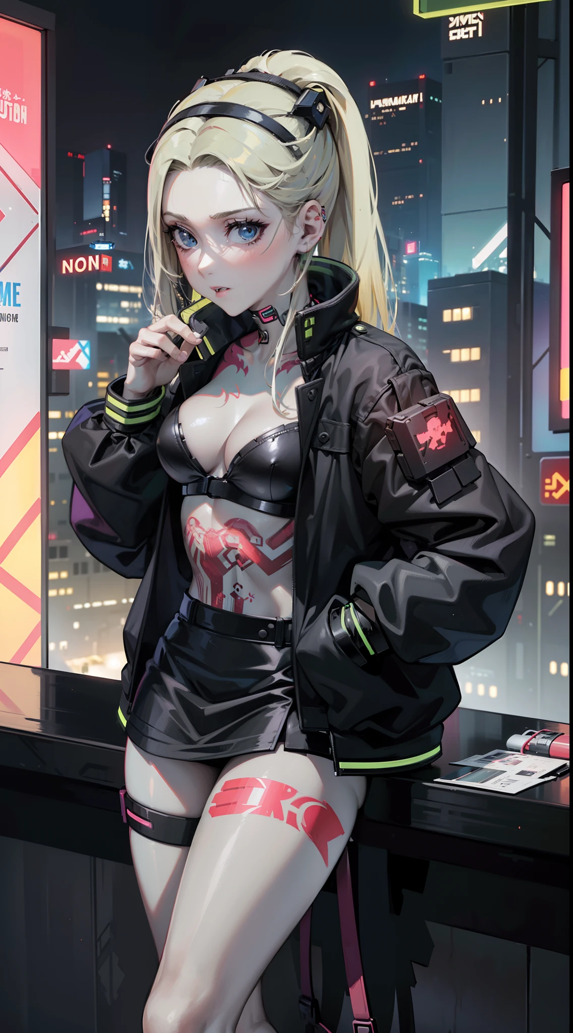alta resolução, obra-prima, melhor qualidade, 1girl, rebecca \(cyberpunk\), yamanaka ino, tattoo, sitting, roupa futurista, skirt, estilo cyberpunk neon, ao fundo cidade cyberpunk a noite, pele finamente detalhada, seios enormes, pernas muito musculosas