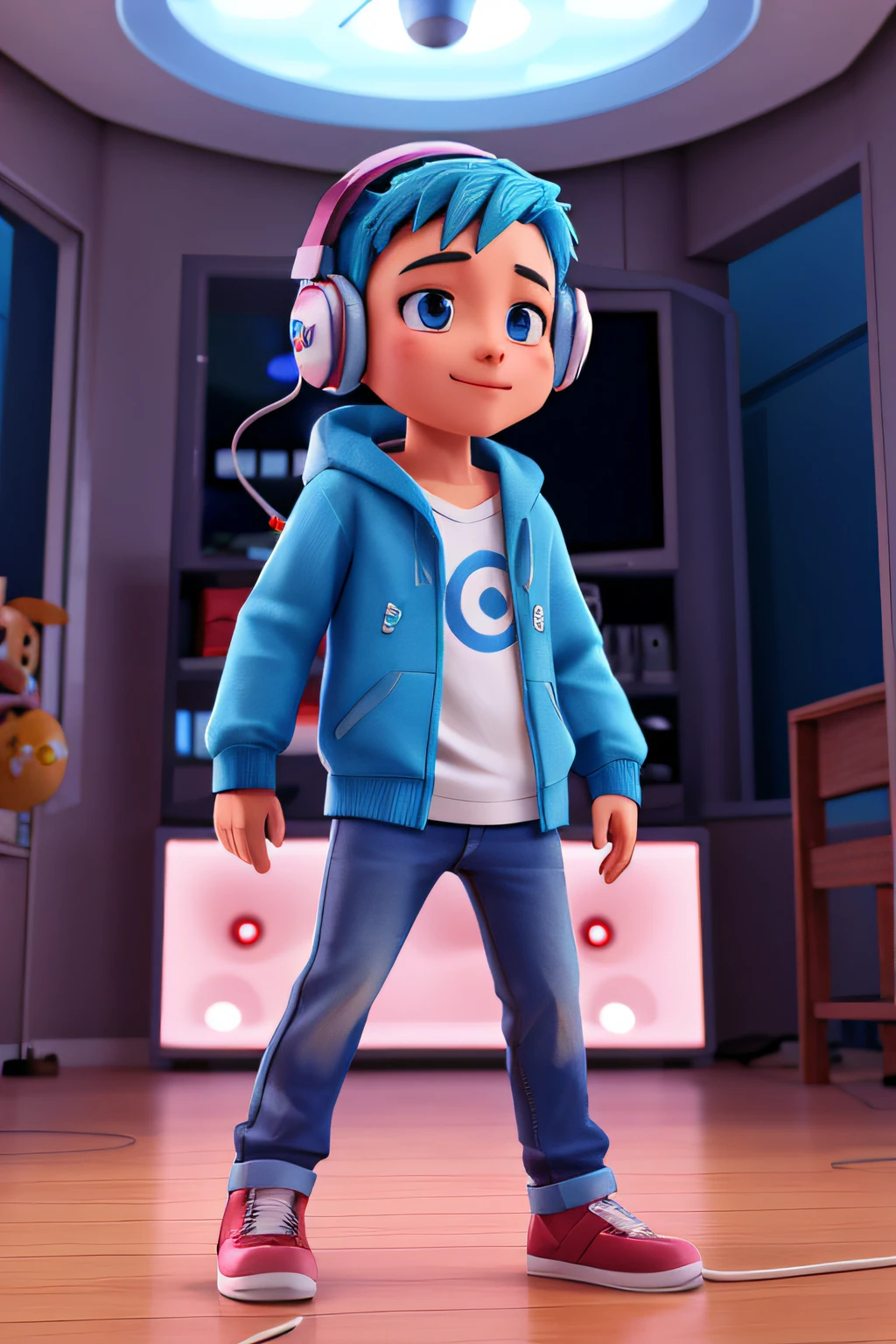 Cartoon boy in a blue jacket and headphones standing , a hand pointing to the sky , animation style rendering, Personagem 3D, Personagem 3D, Arnold Maya render, Caractere estilizado, 3 d character render, animation character, 3D estilizado, 3 d render stylized, olhar :: octan render, bonito 3 d render, Personagem pequeno. Motor Unreal 5, anime estilizado