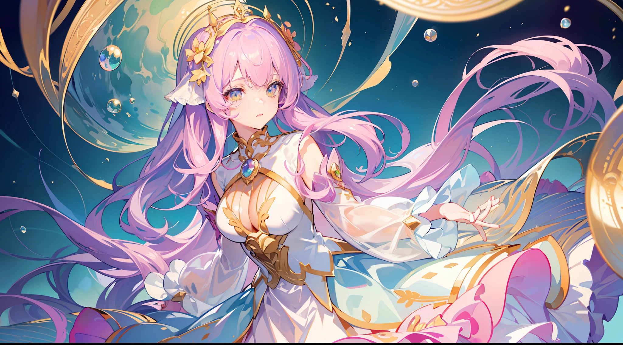 masterpiece, best quality, 8k resolution, sharp focus, intricate detail, beautiful girl, sparkling eyes, golden ratio face, otherworldly liquid, watercolor, pastel colors, bright colors, whimsical, colorful, sharp focus, high resolution, fine detail, ((layered tiered puffy long sleeves ballgown)), ((round eyes)), iridescent bubbles, fantasia background