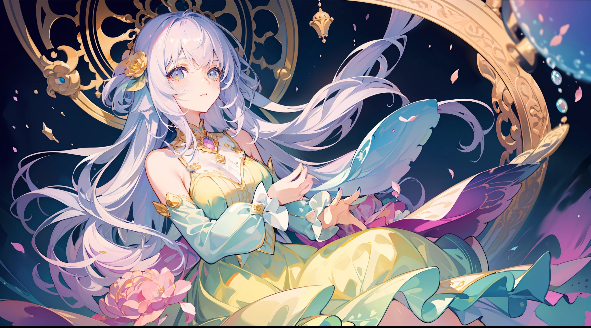 masterpiece, best quality, 8k resolution, sharp focus, intricate detail, beautiful girl, sparkling eyes, golden ratio face, otherworldly liquid, watercolor, pastel colors, bright colors, whimsical, colorful, sharp focus, high resolution, fine detail, ((layered tiered puffy long sleeves ballgown)), ((round eyes)), iridescent bubbles, fantasia background