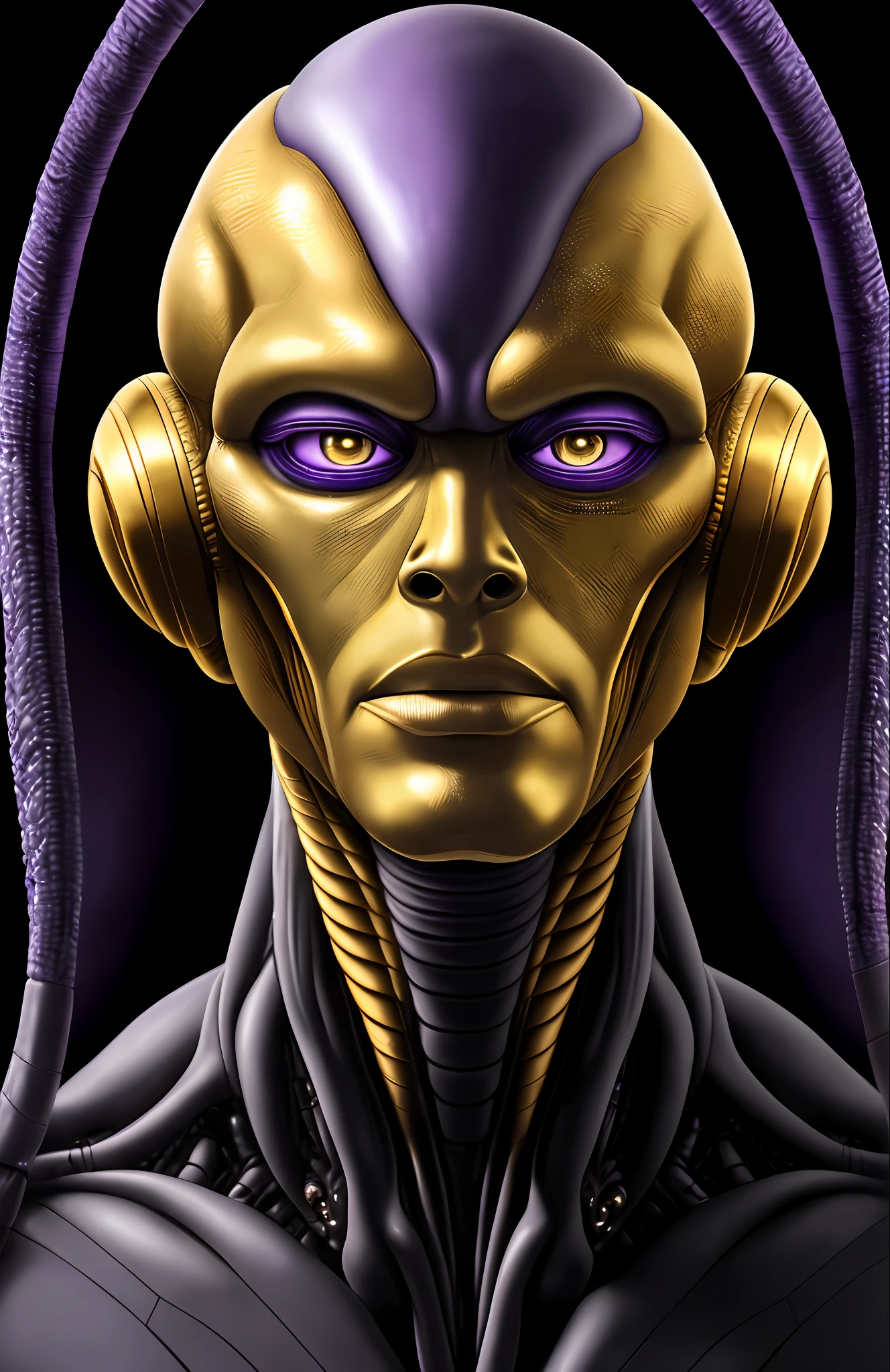 A closeup of a person wearing a medical costume a Purple alien, realistic alien, a hyper-detailed alien, Purple and gold alien, alien looking, Reptilian space alien, Portrait of a large golden alien Exotic golden alien Portrait of a humanoid alien, An alien, alien portrait, alien hybrids, Alien affectionate long head, Futuristic alien features
