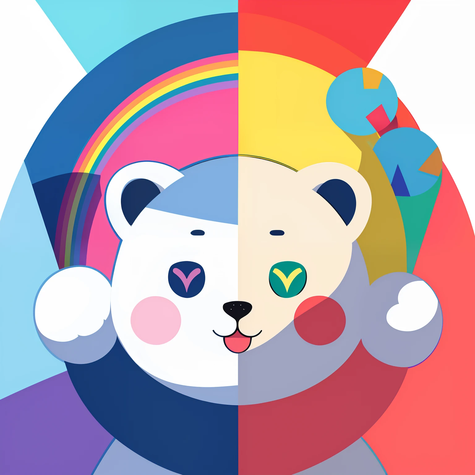 a closeup、Flat illustration、Geometric shapes、Colorful Rainbow 5、pop-art、white bear