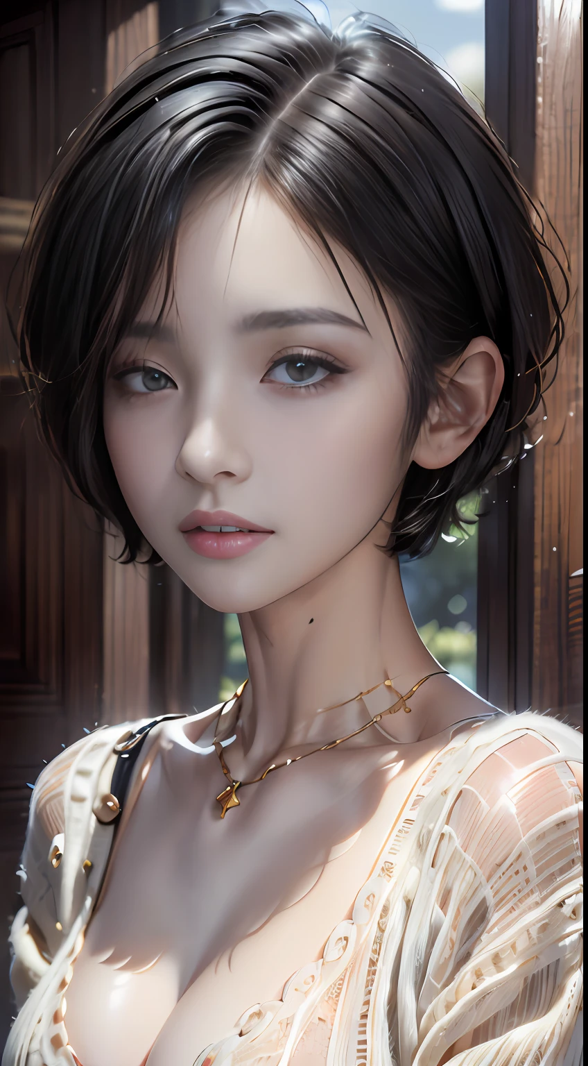 (masterpiece:1.3), (8k, photorealistic, RAW photo, best quality: 1.4), (1girl), beautiful face, (realistic face), (black hair, short hair:1.3), beautiful hairstyle, realistic eyes, beautiful detailed eyes, (realistic skin), beautiful skin, (sweater), absurdres, attractive, ultra high res, ultra realistic, highly detailed, golden ratio