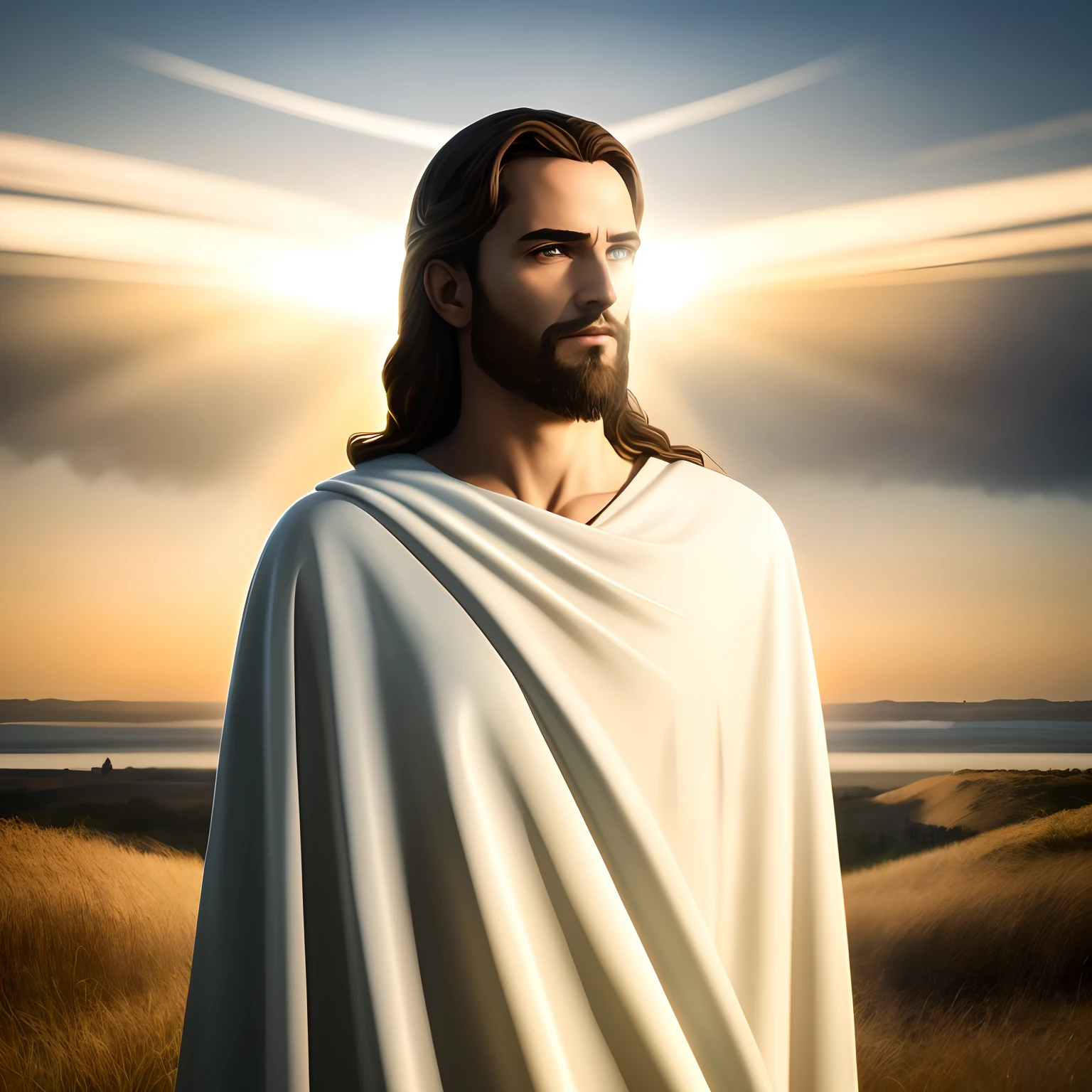 Jesus standing in a field with a sunset behind him, Jesus Cristo, Retrato de Jesus Cristo, Vestido como Jesus Cristo, Jesus, Tron legado Jesus Cristo, jesus of nazareth, Obra-prima da luz brilhante, Raios de Luz Sagrada Sagrada, Jesus Cristo em Mass Effect, Greg Olsen, Tron legado Jesus, glowing halo above his head, O Senhor e Salvador, Luz majestosa, raios de deus brilhantes