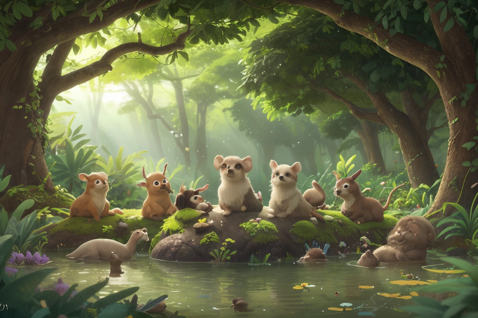 Within this idyllic setting, Um grupo de animais encontra seu lar. Each living being is like a single note in a charming melody, contributing to the harmony of this magical place. There is an air of mystery and wisdom about the old Mr... mocho, suas penas que brilham com tons dourados mostram a passagem dos anos, e os sulcos em sua testa sugerem pensamento profundo. Ele escolhe seu poleiro sabiamente, a partir do qual ele observa cada acontecimento na floresta com um olhar atento.8k, UHD, disco Rigido