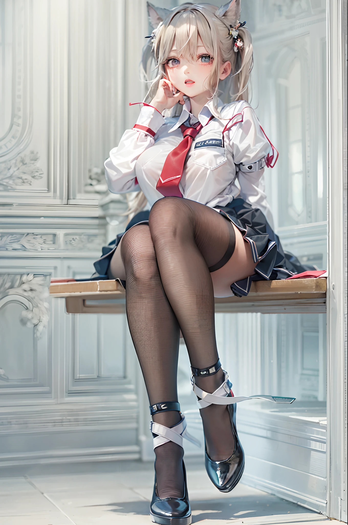 (Stand out from the crowd, Best quality: 1.2), Solo, 1 girl, Miku Nakano,, Mouth closed,, Hand on face, Sitting, Legs crossed, Collared shirt, tie up, Skirt, Stockings , Big thighs, Big breasts)