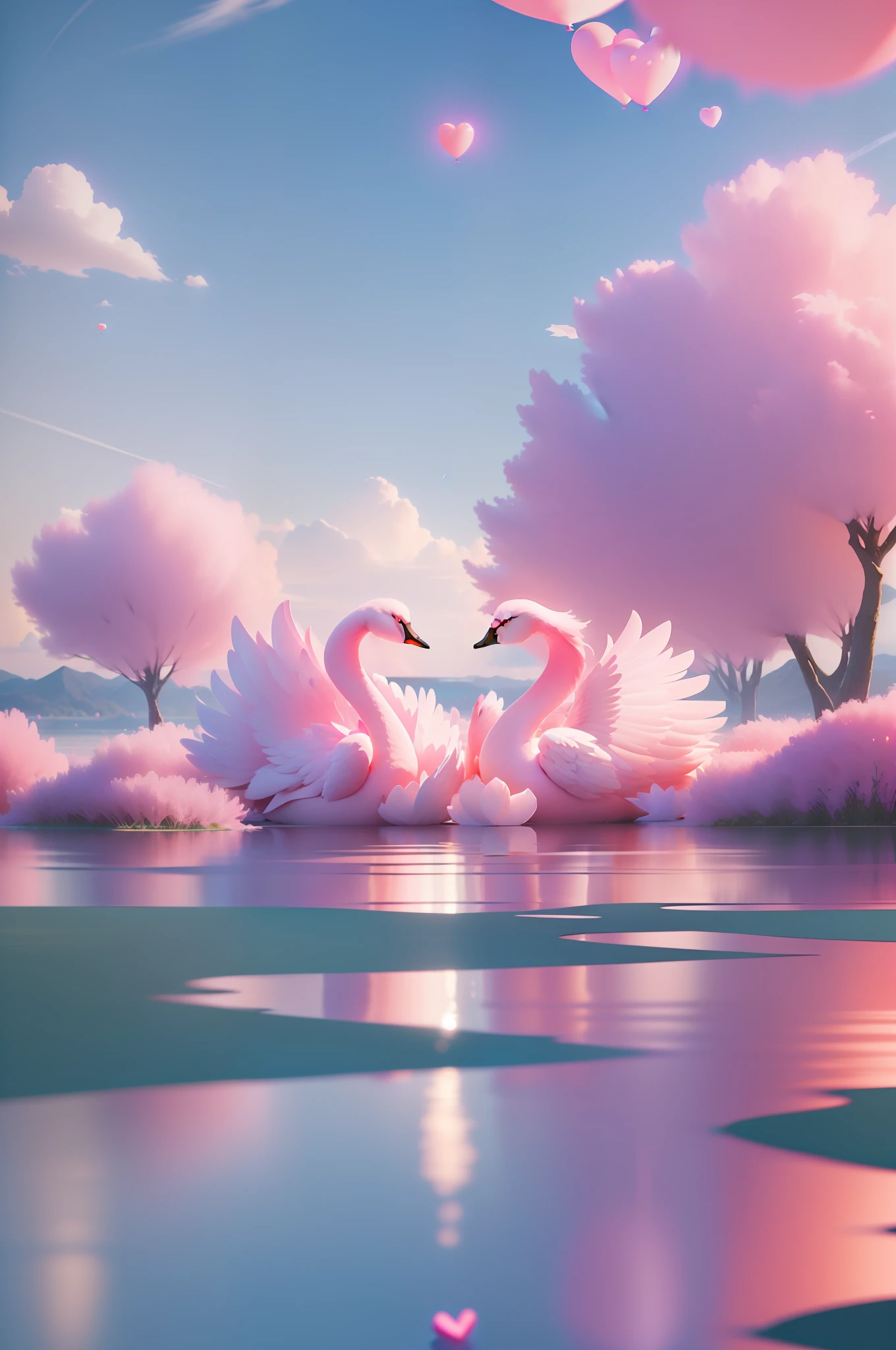 Anime scenery of pink swans floating in a lake with pink heart-shaped balloons, concept art of love, 3 d render beeple, trending on cgstation, 3 d render stylized, artem demura beeple, Beautiful digital artwork, recusion beeple, trending on artstation 4k, 🌺 CGSesociety
