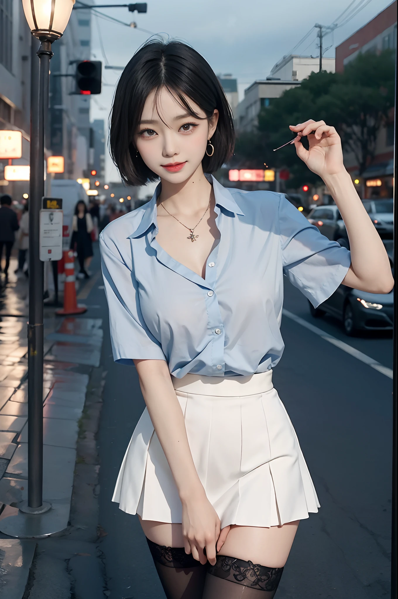 8K RAW Photos, High Resolution, 37 Year Old Slender Korean, Big Round Breasts, Formal Shirt, Formal Skirt, Very Thin Mouth, Duck Mouth, Grinning,, Beautiful Eyes in Detail, Long Eyes, Sanpaku Eyes, Cheeks, Long Eyelashes, Beautiful Double Eyelids, Eye Shadow, Beautiful Thin Legs, Stockings, Necklace, Earrings, Short Hair, In Front of the Station at Night