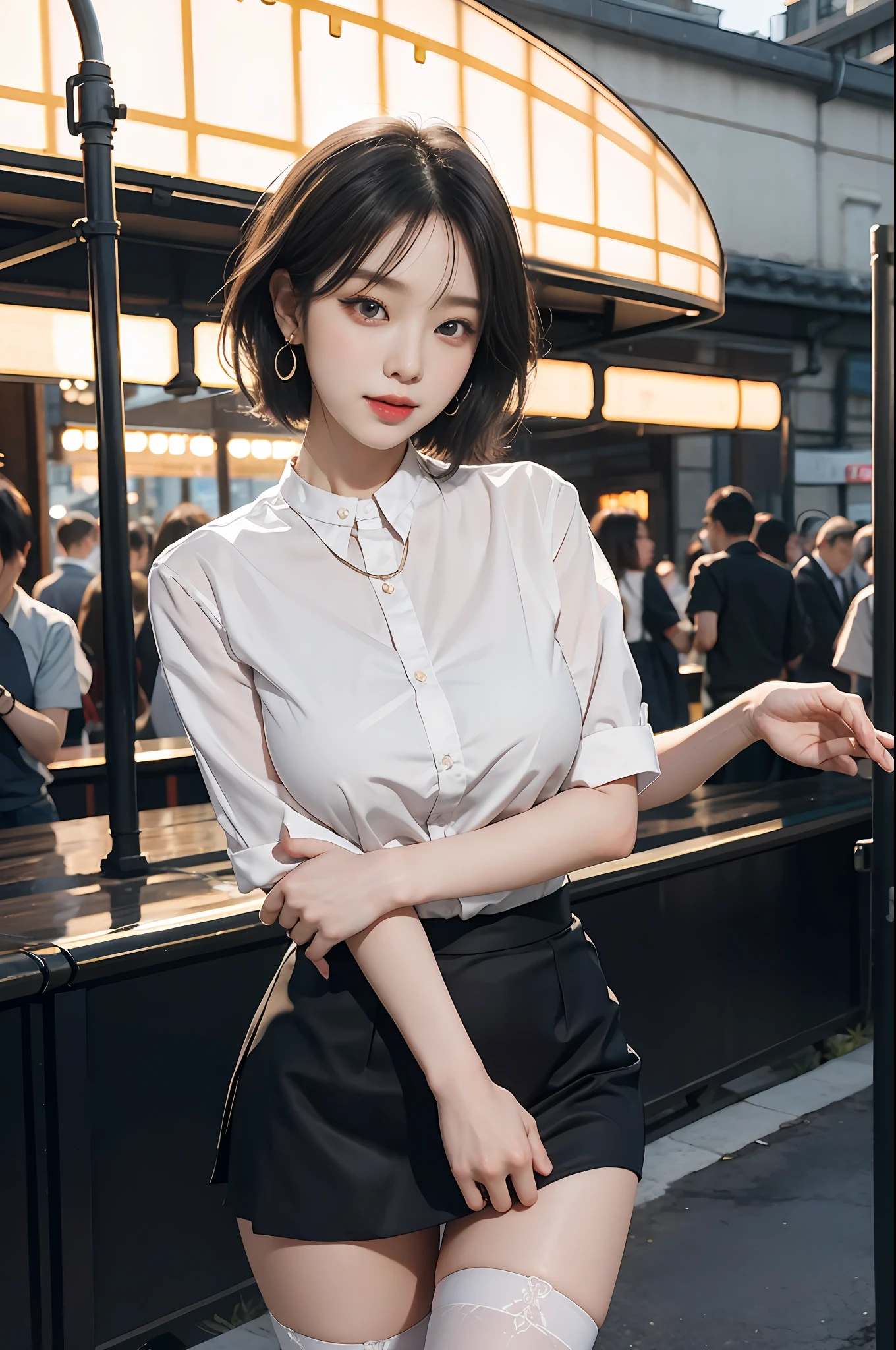 8K RAW Photos, High Resolution, 37 Year Old Slender Korean, Big Round Breasts, Formal Shirt, Formal Skirt, Very Thin Mouth, Duck Mouth, Grinning,, Beautiful Eyes in Detail, Long Eyes, Sanpaku Eyes, Cheeks, Long Eyelashes, Beautiful Double Eyelids, Eye Shadow, Beautiful Thin Legs, Stockings, Necklace, Earrings, Short Hair, In Front of the Station at Night
