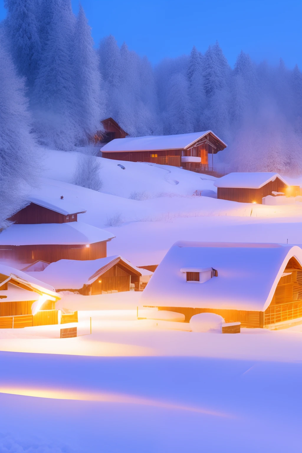 White snow,susceptible,snowflower,Pubic area is clear,Warm and cool tones are intense,House village,Pyrotechnics