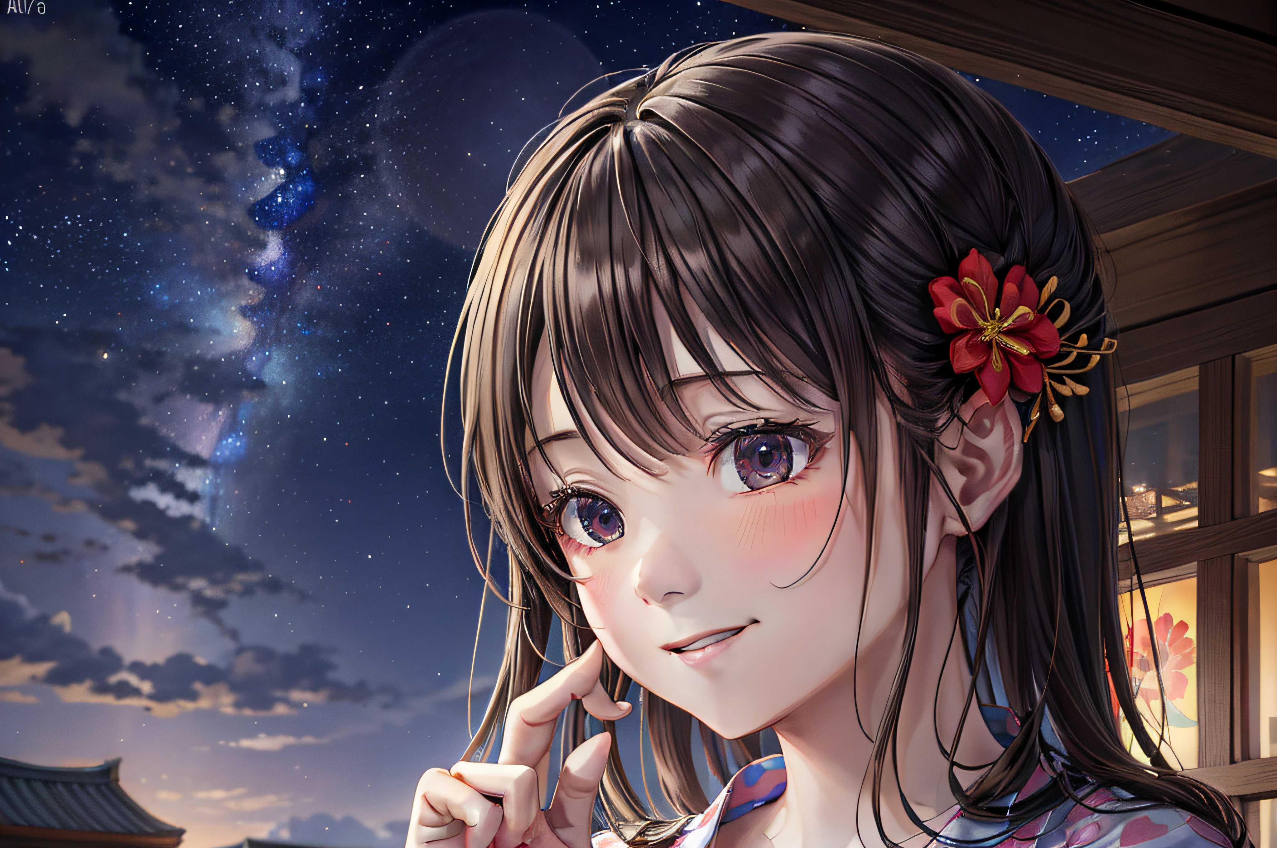 Lots of fireworks in the sky、​masterpiece、top-quality、超A high resolution、8K、sharp、skyrocket、femele、Only one person、profile、a smile、Beautie、outside of house、Person should be on the far right、only face、The person is small、Floral yukata、kirakira、natta、starrysky、真实感 、Ultra-Details、ighly detailed、(glowing lighting、Atmospheric lighting)、dream-like