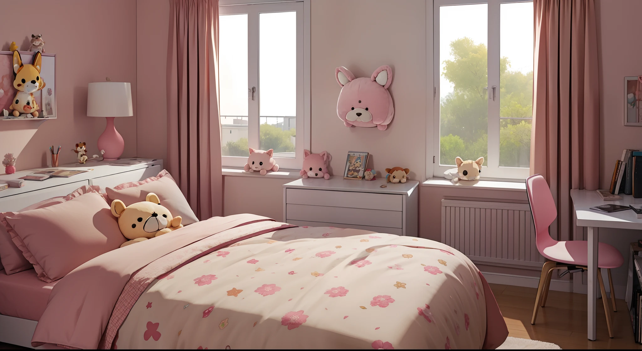 bedroom, bed, desk, lots of plush cute animals, anime style, 8k