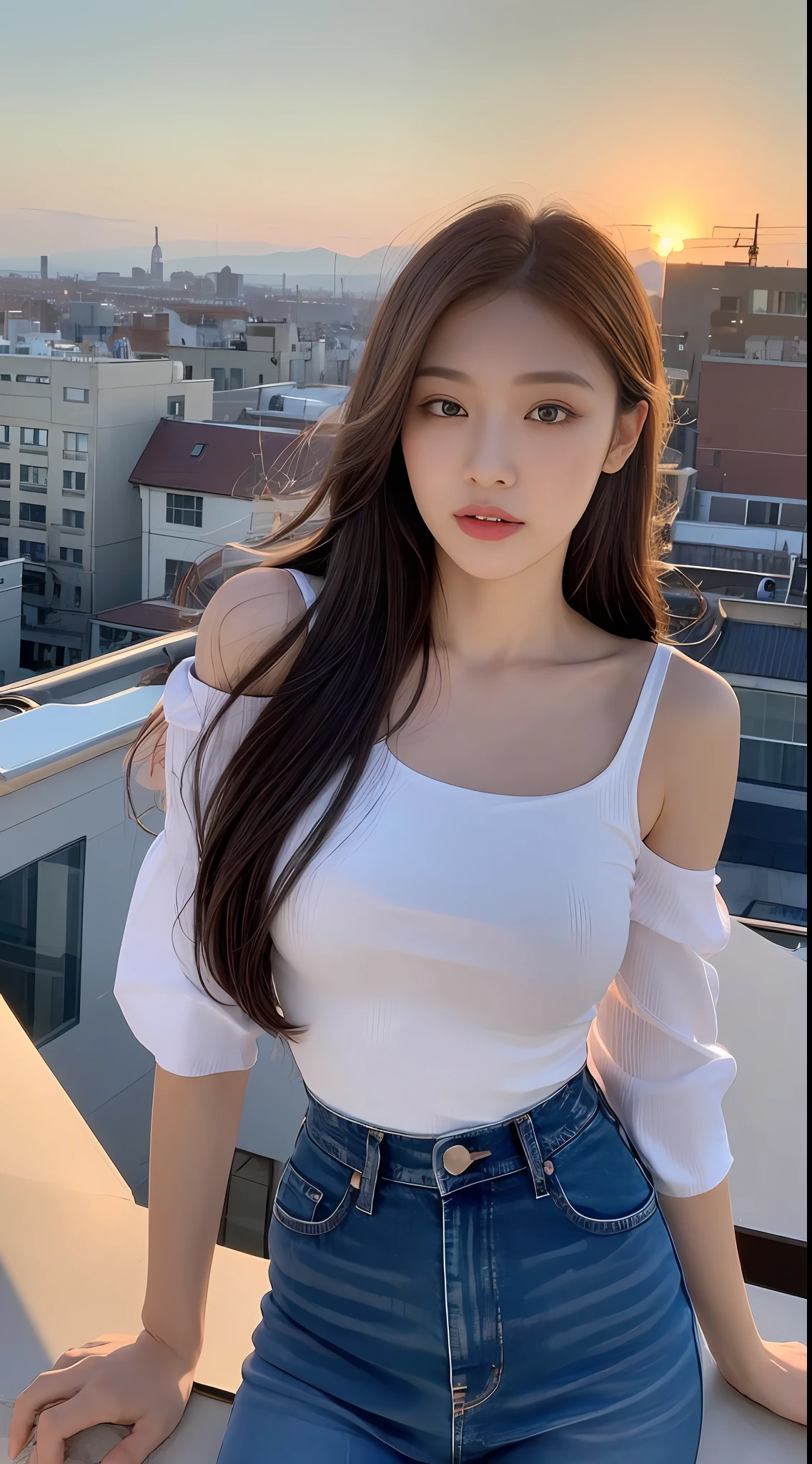 ((Midnight, Best quality, 8k, Masterpiece :1.3)), Whole body, Long legs, Sharp focus :1.2, A pretty woman with perfect figure :1.4, Slender abs :1.1, ((Dark brown hair, Big breasts :1.2)), (White tight tshirt, Jean bib, Standing:1.2), ((Night city view, Rooftop:1.3)), Highly detailed face and skin texture, Detailed eyes, Double eyelid, sunset, darken, backlit, off shoulder