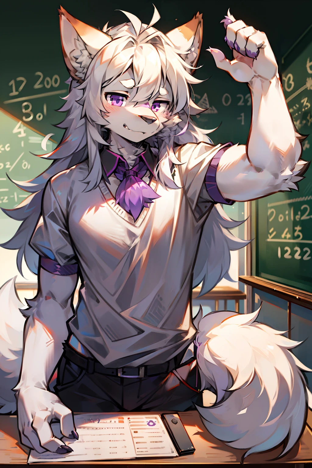 solo person,shaggy male,hairy bodies,shoun,coyote,canid,Gray fur,long white hair,The ends of the hair are purple,Purple eye,Bullied,adolable,Handsome,large tail,full bodyesbian,school ground,at class room,It's a male math teacher,Write blackboard words,