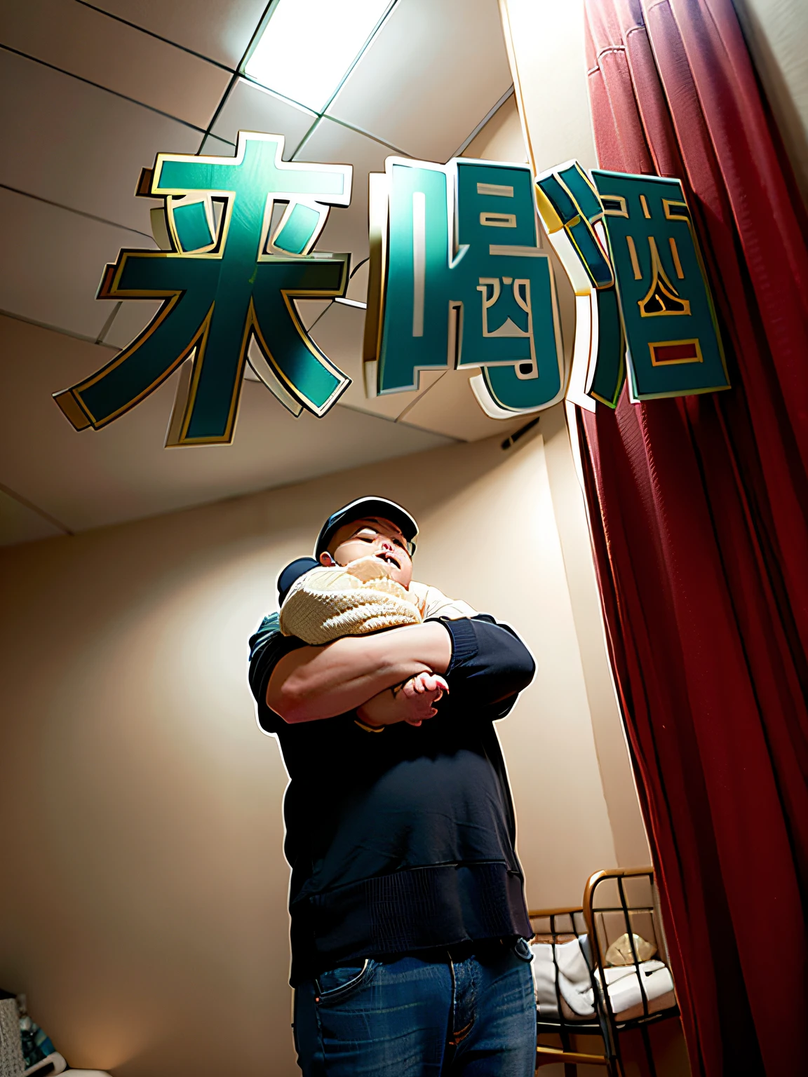 There is a strong father holding a baby in a room, Chiba Yuda, Wang Chen, bbwchan, inspired by Gang Hui-an, Ultra-clear，