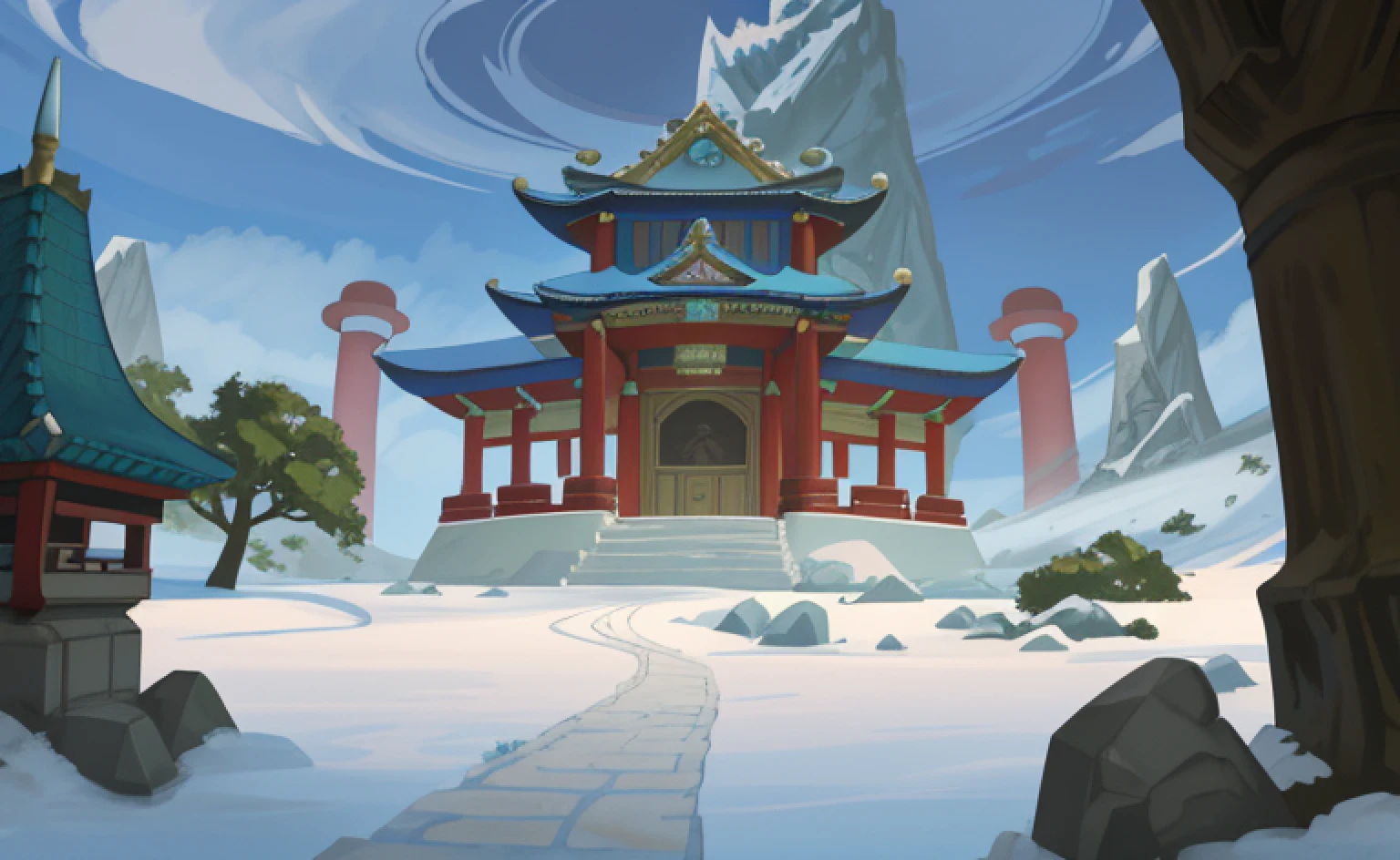 There is a picture of a building in the sky,The background is a mountain, palace background, Temple background, Cloud Palace, dojo on a mountain, Chinese Village, mysterious temple setting,town center background