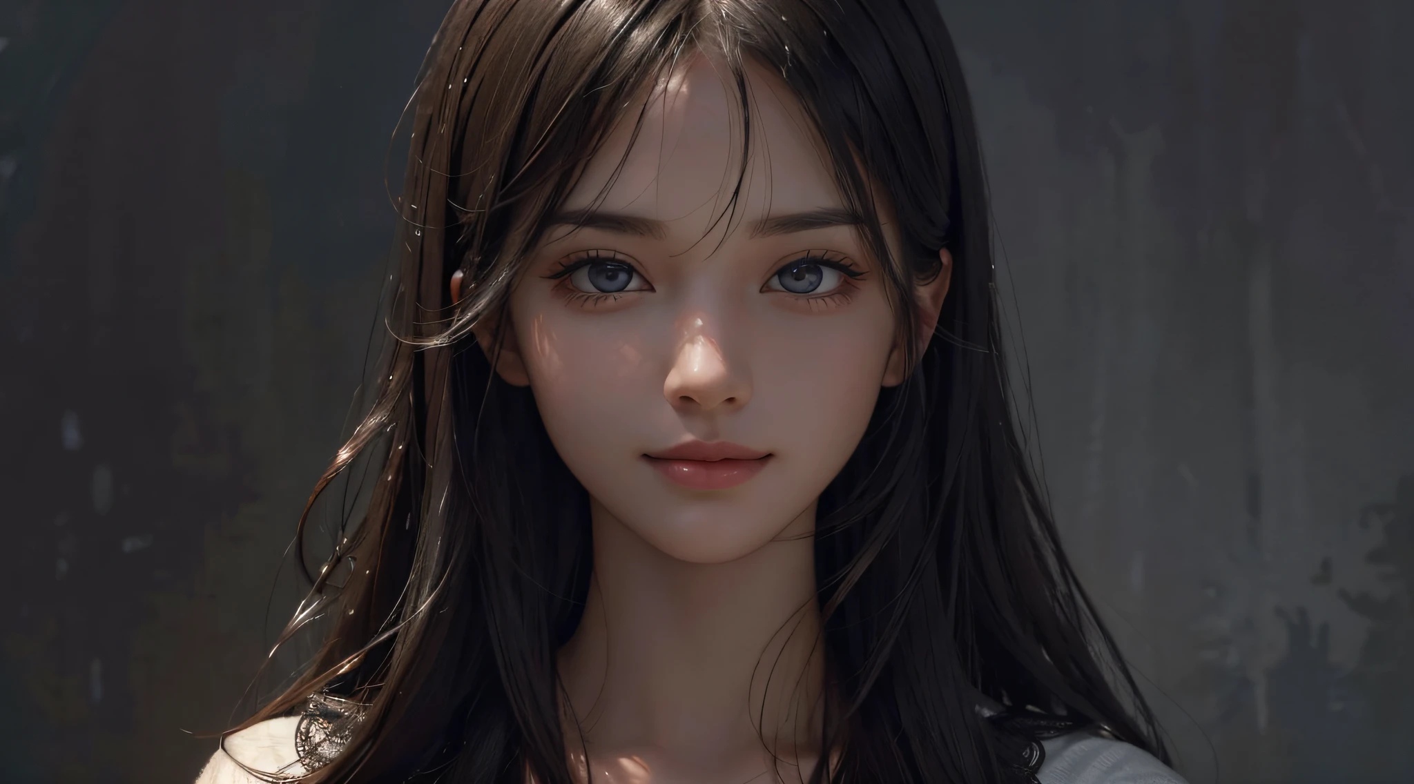 (Ultra Realistic), (Illustration), (Increased Resolution), (8K), (Extremely Detailed), (Best Illustration), (Beautiful and Detailed Eyes), (Best Quality), (Ultra Detailed), (Masterpiece ), ( wallpaper), (detailed face), solo, 1 girl, looking at viewer, fine details, detailed face, in the dark, deep shadows, low key, pureerosfaceace_v1, smiling, long hair, black shawl straight hair , 46 points oblique bangs