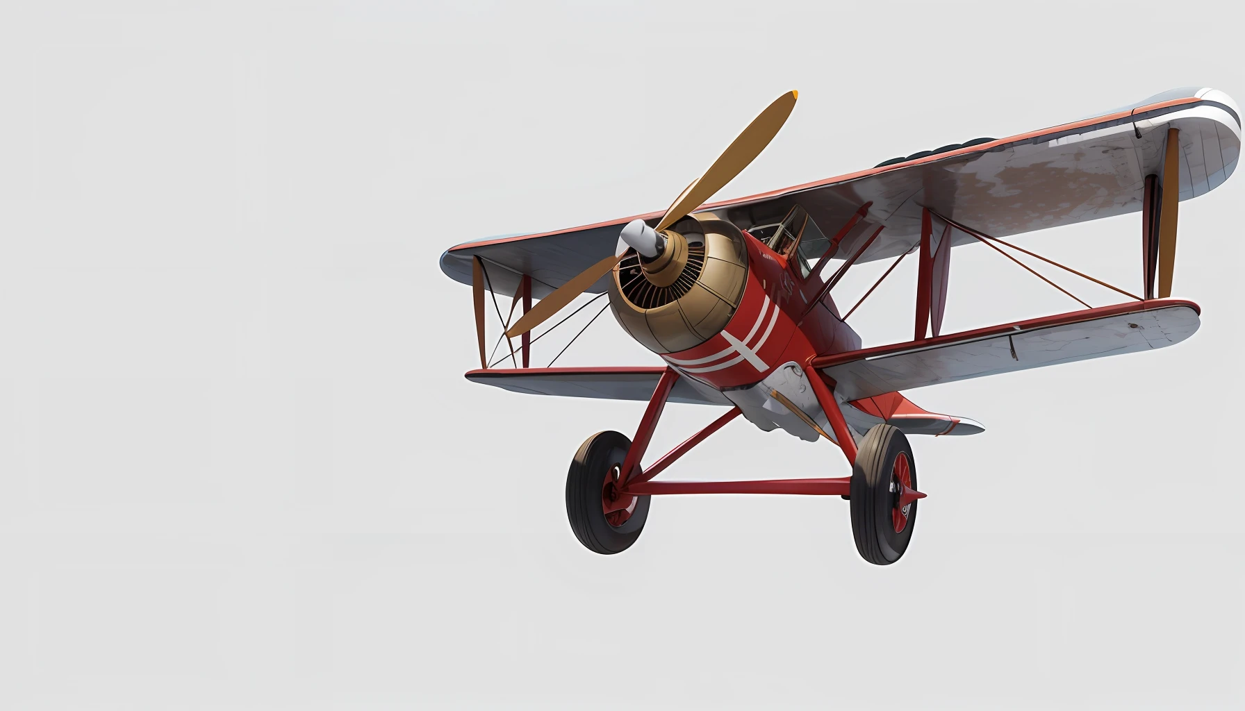 There was a red and white biplane parked on the ground, biplane, realistic aircraft, detail render, high-detailed rendering, extreme hight detail, biplane, high resolution and detail, high detail shot, Biplanes fly, flatillustration, depicted as a 3 d render, hyper-high detail,photorealestic,American retro illustration