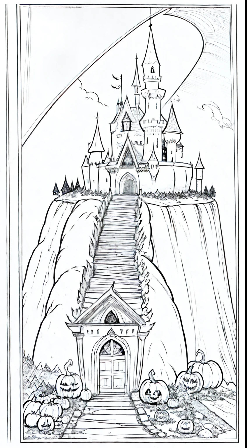 "Create black and white line art, ???'s Coloring, Halloween book pages with witches making pumpkin castles in a walkway on the mountain., Clean white background, high-res.