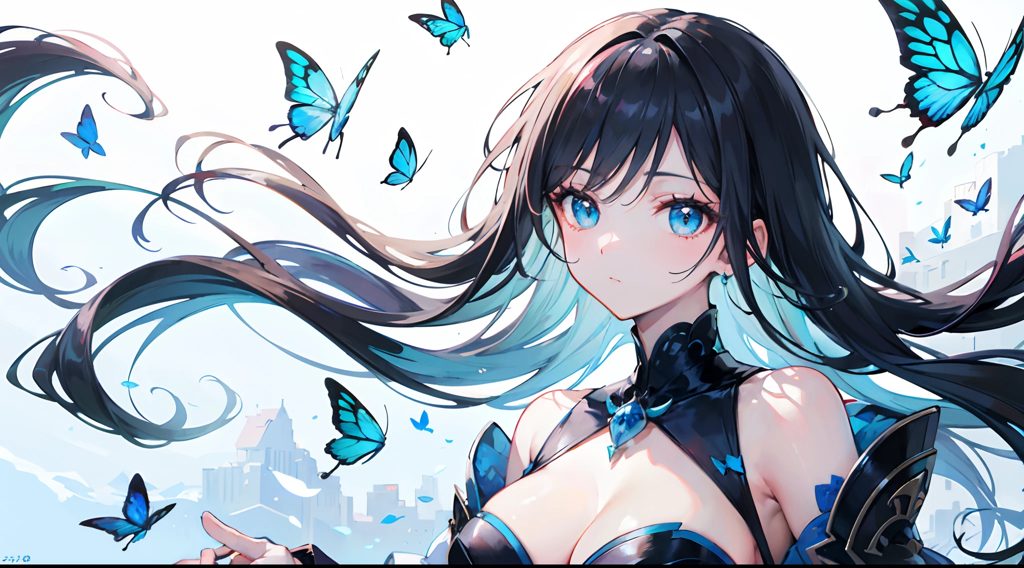 High detailed, best quality, masterpiece, highres, 16k, uhd, 1maturegirl, long hair, floating hair, black hair, expressive hair, beautiful detailed eyes, blue eyes, dynamic angle, anatomically correct, blue butterfly flying in scenary,
