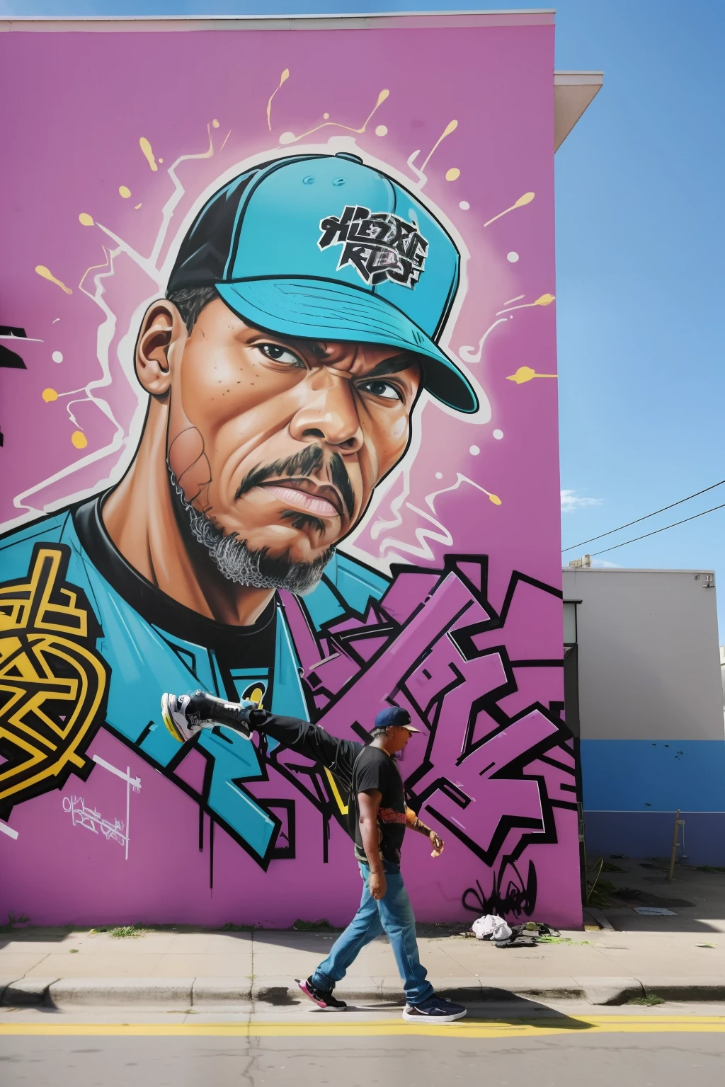 guttonerdvision10, Graffiti on the side of a tall building of a man wearing 80's style clothes and cap. He painted doing a street dance pose. strokes. Tonalidade Volorida, detalhada. Grafite do Sr.. lavagem cerebral. Visao aerea da cena, realista, 8k