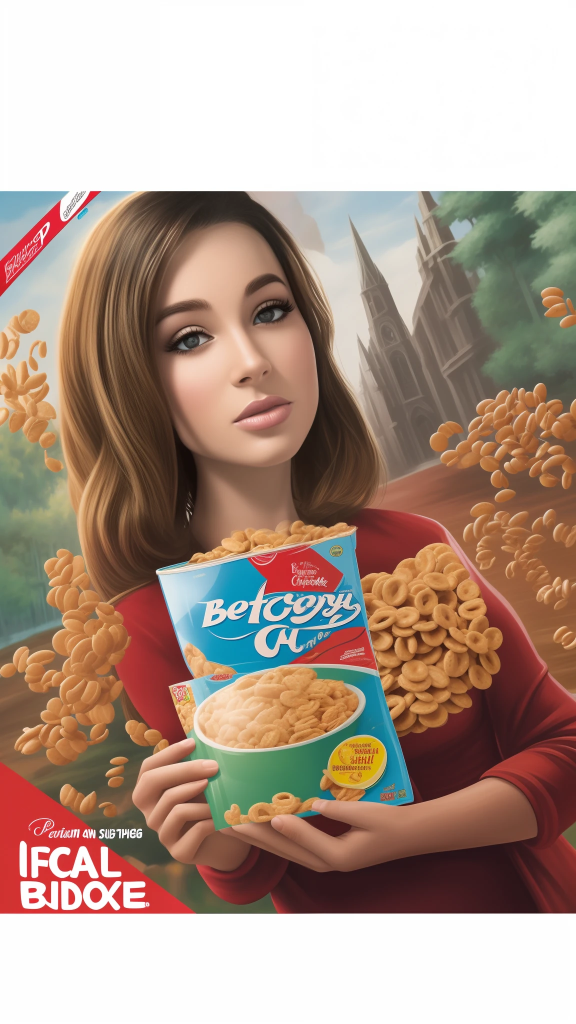 Cereal box appears in the foreground and in the image the face of a beautiful woman with a hyper-realistic style