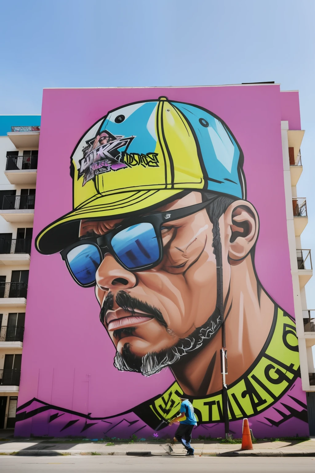 guttonerdvision10, Graffiti on the side of a tall building of a man wearing 80's style clothes and cap. He painted doing a street dance pose. strokes. Tonalidade Volorida, detalhada. Grafite do Sr.. lavagem cerebral. Visao aerea da cena, realista, 8k