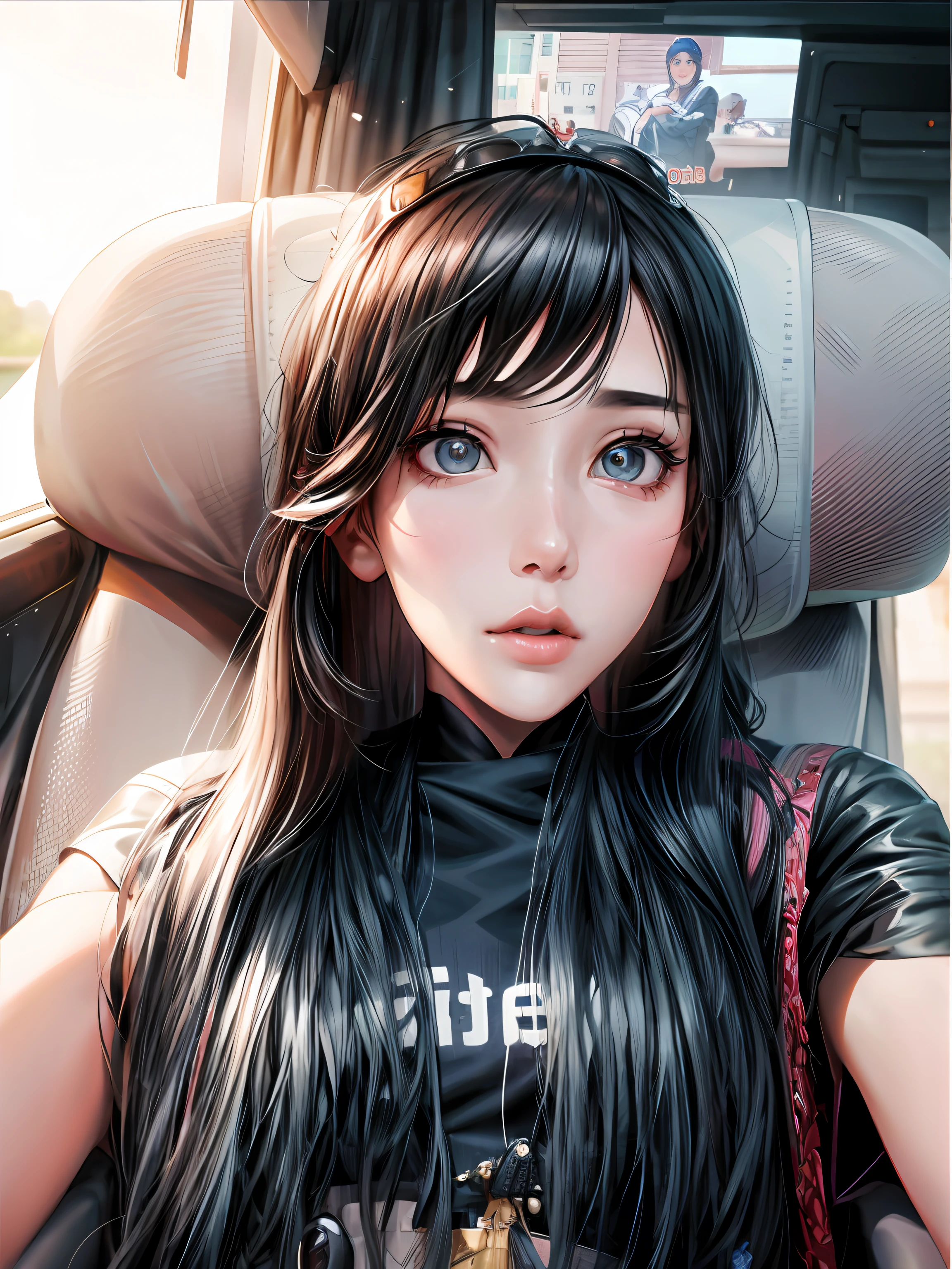 Close-up of a woman sitting in a car,Wearing a magazine on his head, ulzzangs, Korean girl, xision wu, sakimichan, beautiful Korean women, gongbi, Xianxia, 19-year-old girl, wan adorable korean face, trending at cgstation, wenfei ye, xintong chen