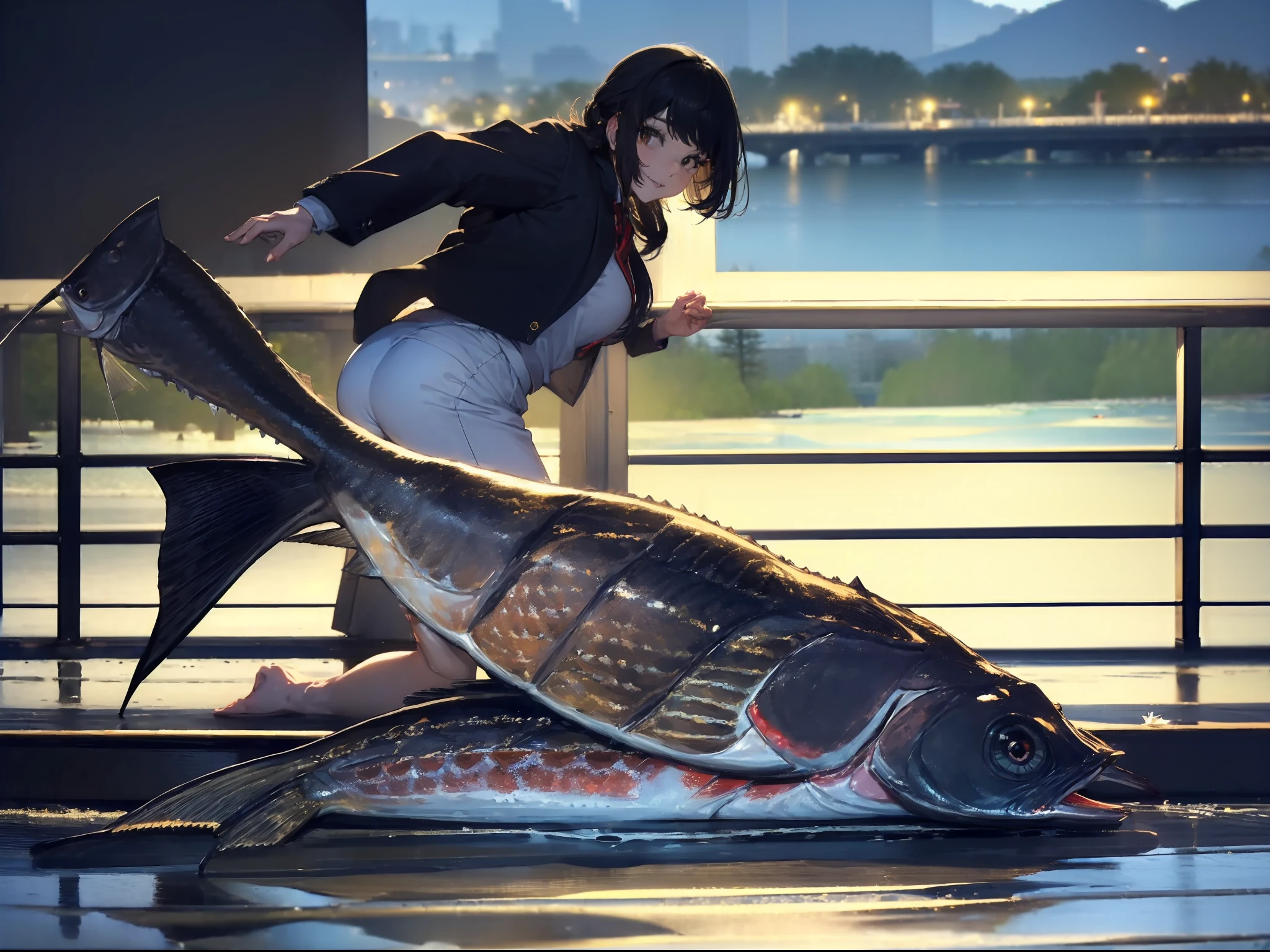 ((((Catch a big black bass by the lakeside:1.5)))),((1 Female 22 years old))((Best Quality, masterpiece :1.5)),(((Hands with the correct number and structure of fingers:1.4))),hight resolution,ultra-detailliert,masterpiece,best qualtiy,,Black hair, long eyeslashes, Solid Circle Eyes, Smiling Woman, drop shadow, Atmospheric perspective,Super Detail, ccurate, small brest,(Black jacket :1.1),top-quality, blurry backround, bokeh dof:1.2, (masterpiece:1.3), Atmospheric perspective,Super Detail,dynamic compositions