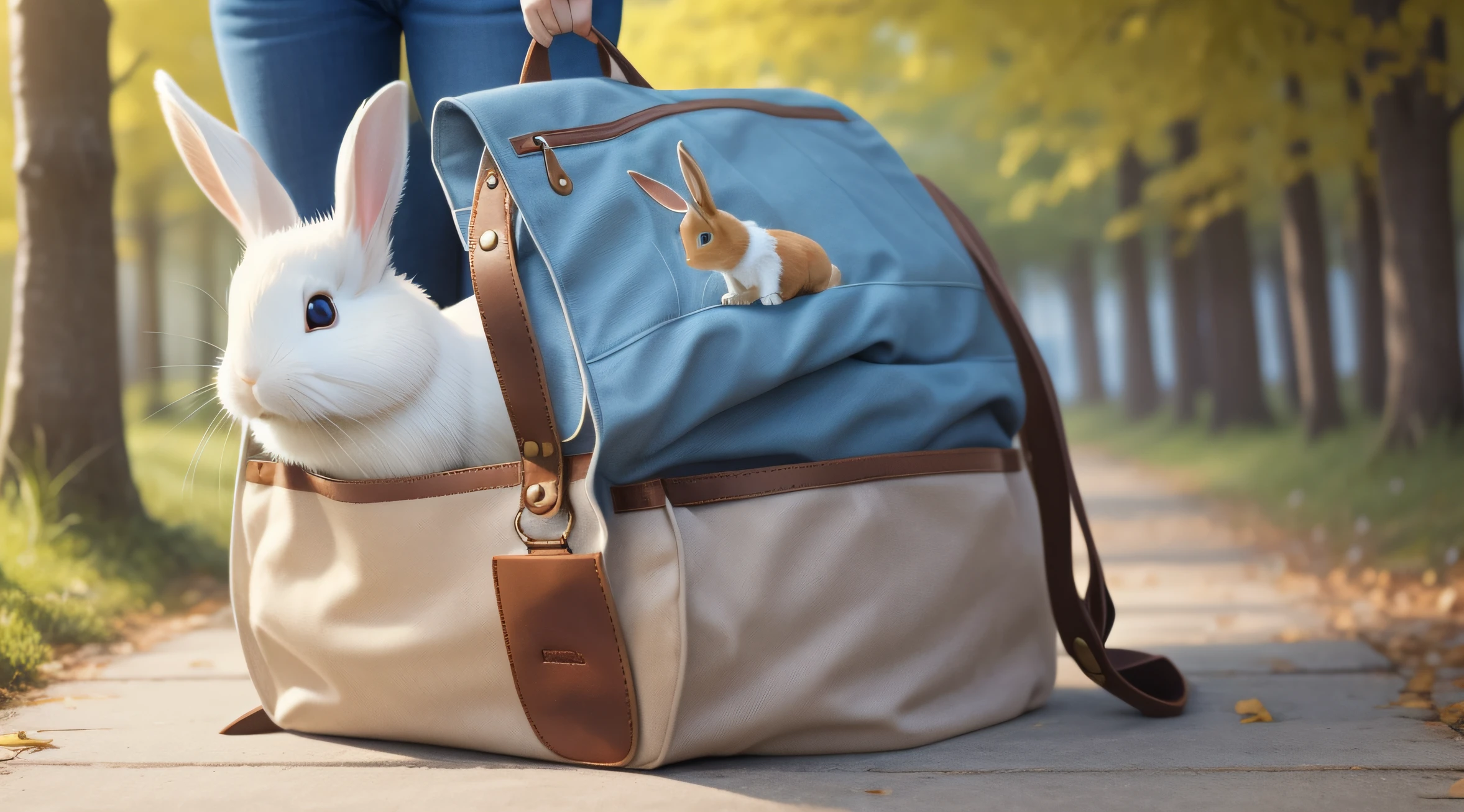 Woman holding canvas bag，There is a pet rabbit in the canvas bag