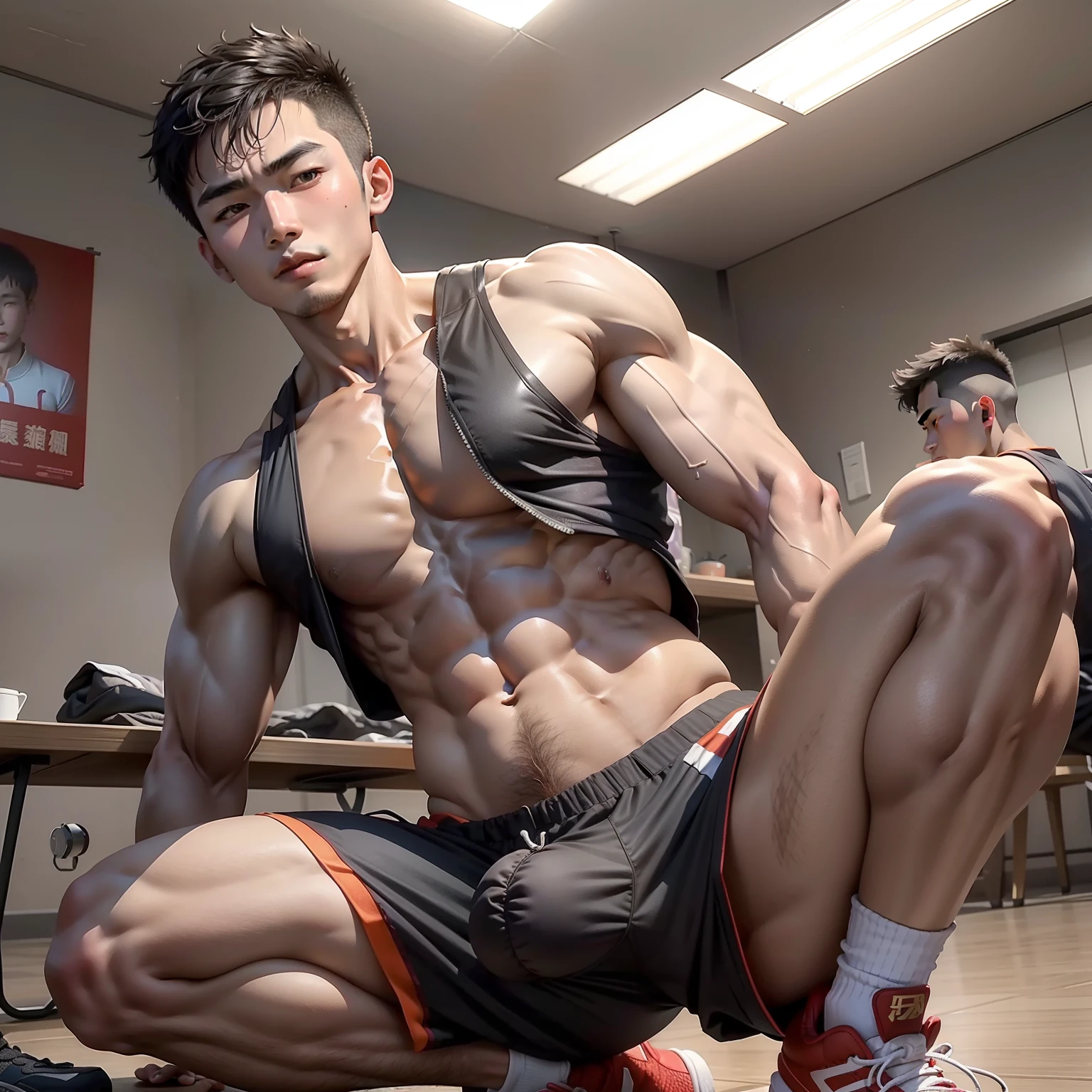Libido boy,Chinese face,Shandong people,18yr old,Graduated from high school,The skin is slightly dark,Wheat-colored skin,Delicate skin,bulging blood vessels,Sunshine Big Boy,Gay men,nakeness,genitalia erection,masturbated,Wear basketball shoes,Kneeling pose,Abs and pectoral muscles can be seen,Scarred,Collar,handcuff