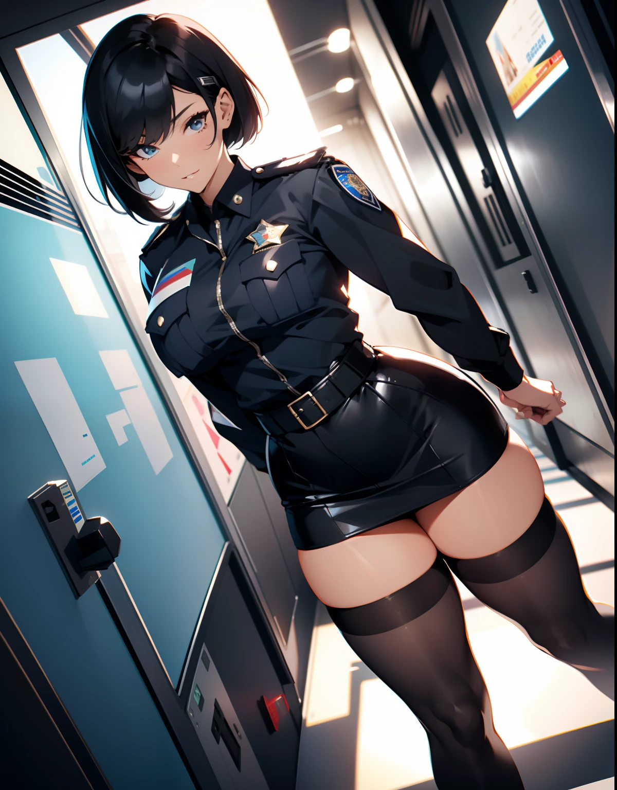 Policewoman,Policewoman,A beautiful full body girl,with fair skin,with short black hair,26 year old,Perfect body with muscularity,short skirt,Hip-wrapped black stockings,Super sexy scene,facial closeups,